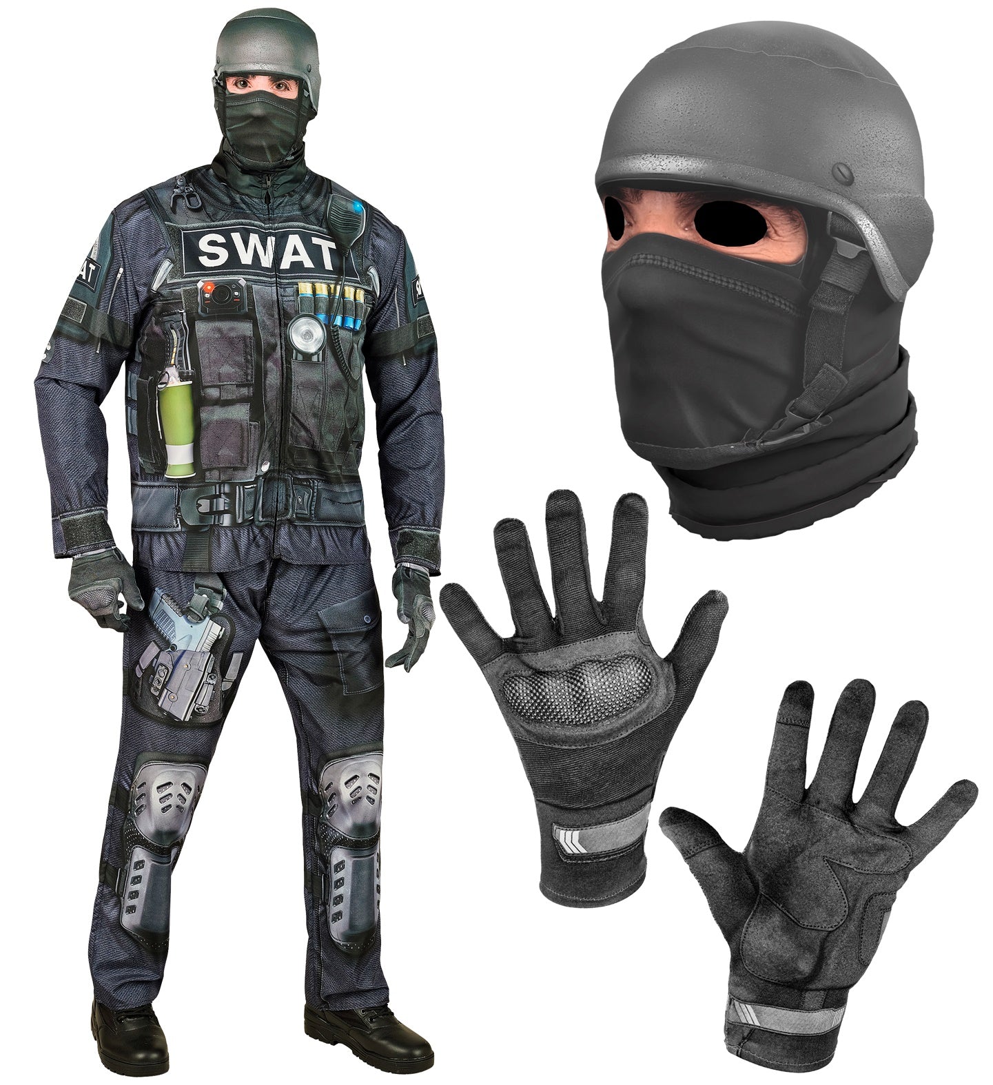 Collage showing the full adult SWAT printed costume and close-ups of the included fabric helmet/balaclava mask and tactical gloves.