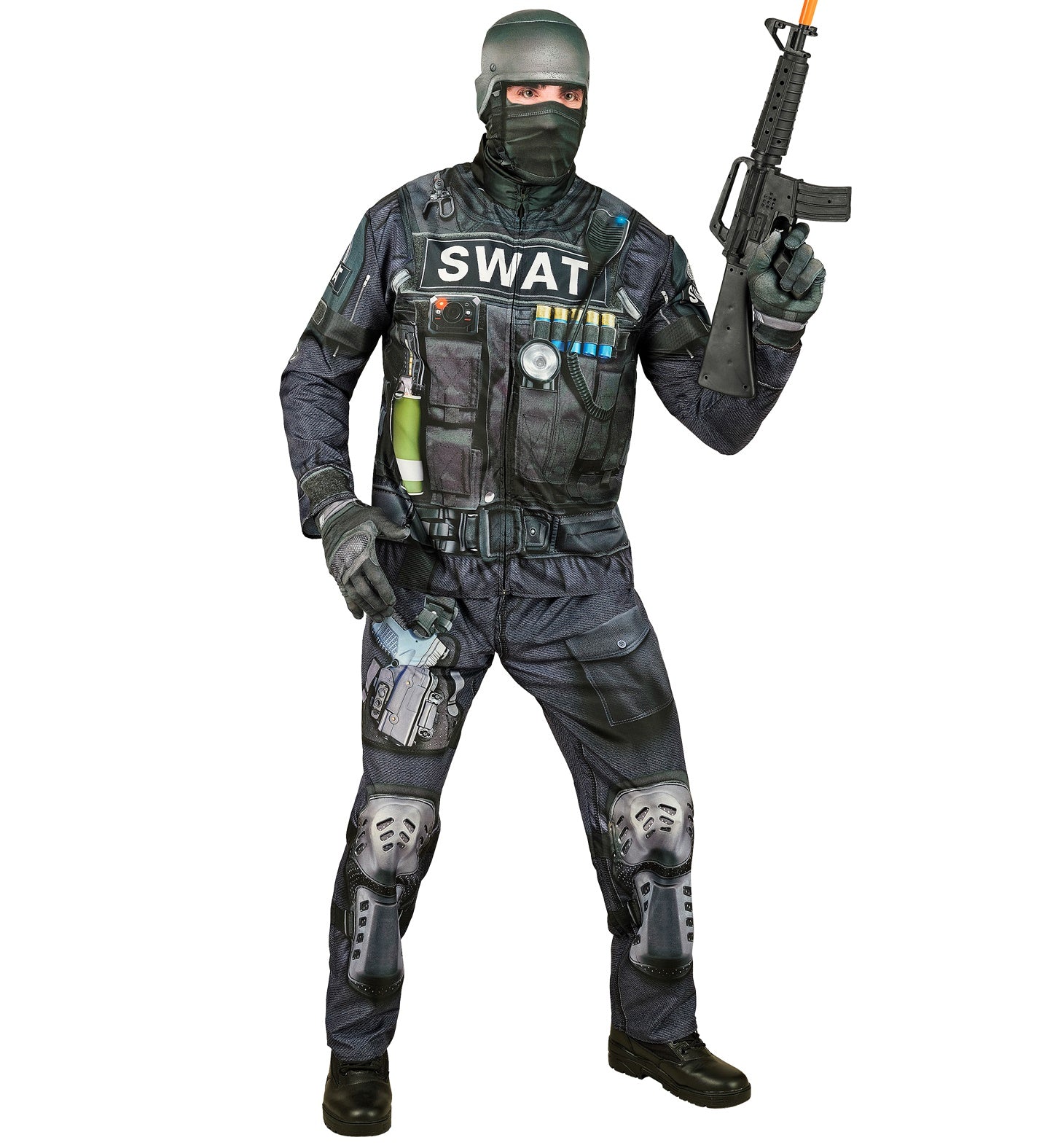 Man posing in the full SWAT Fast Costume, including the 3D printed suit, mask, and gloves, holding a prop rifle.