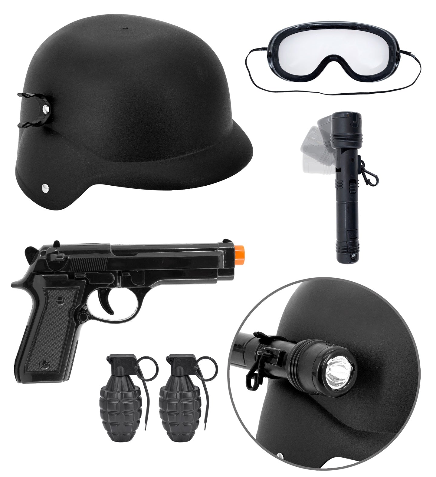 A flat lay display of a child's SWAT police costume accessories, including a black helmet, clear goggles with a black frame, a black toy flashlight (with an inset showing it attached to the helmet), a black toy pistol with an orange tip, and two green toy grenades, all arranged on a white background.