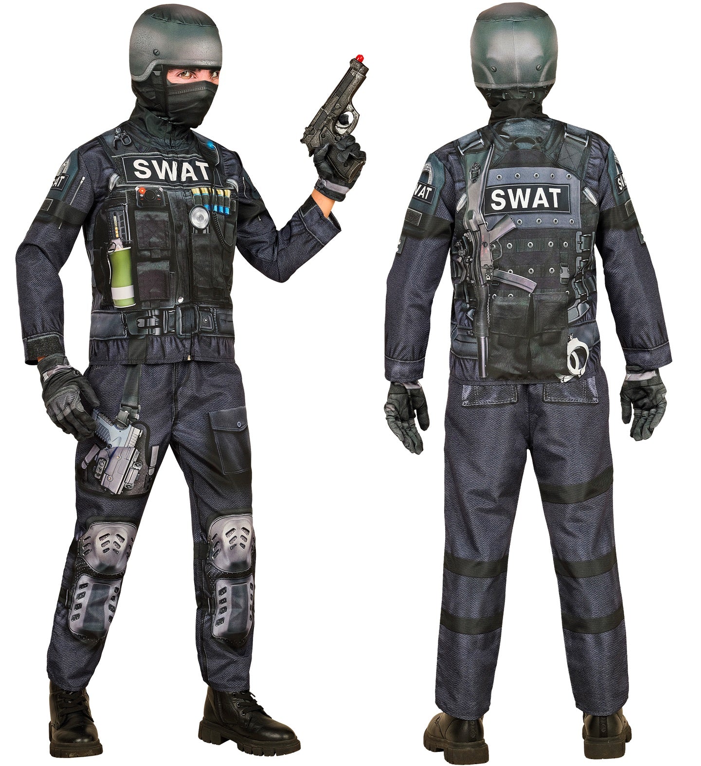 A child in the SWAT Fast Costume holding a prop pistol, showing the full printed tactical gear and helmet.