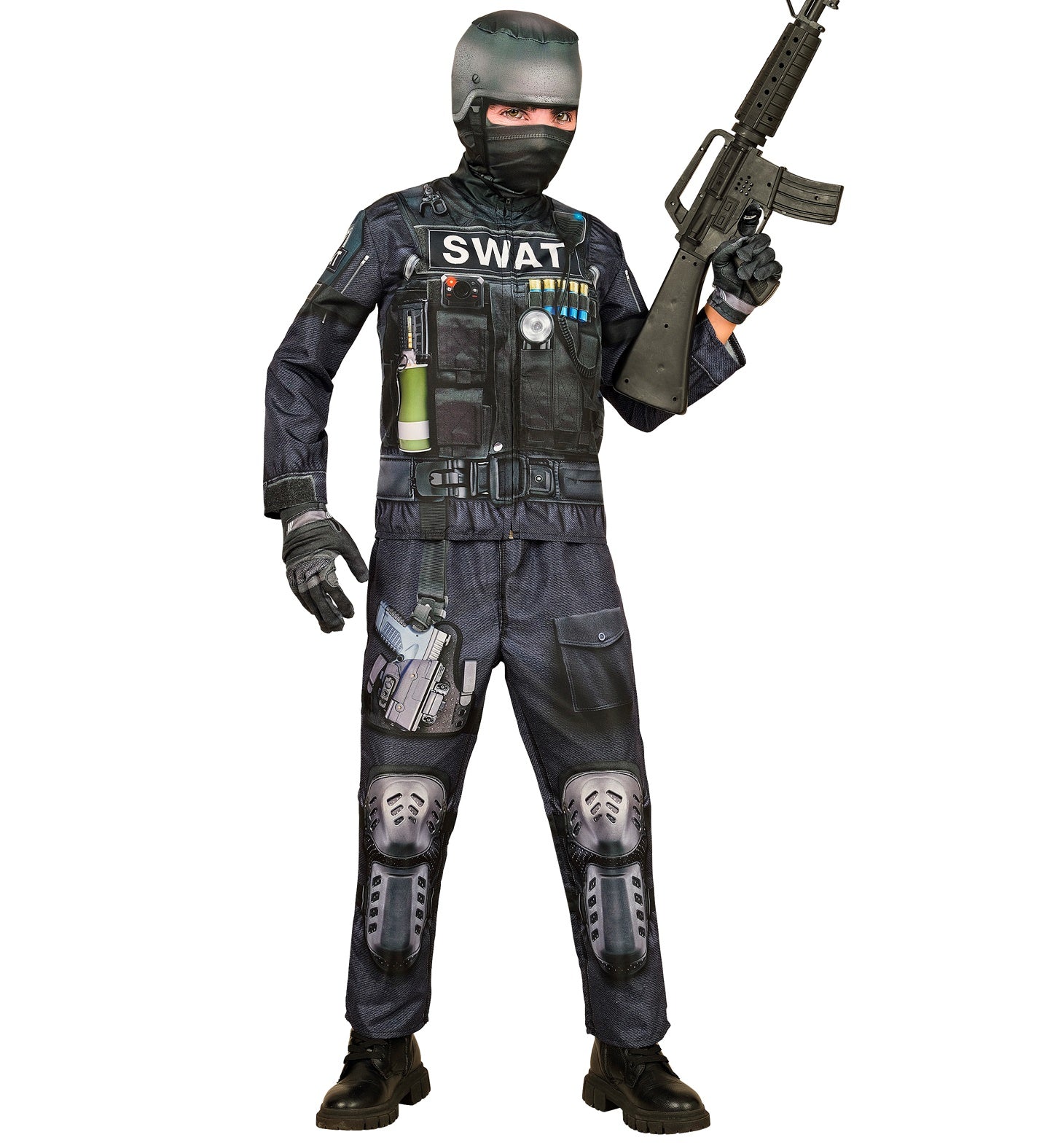 A child posing in the SWAT Fast Costume, ready for action, holding a prop rifle.