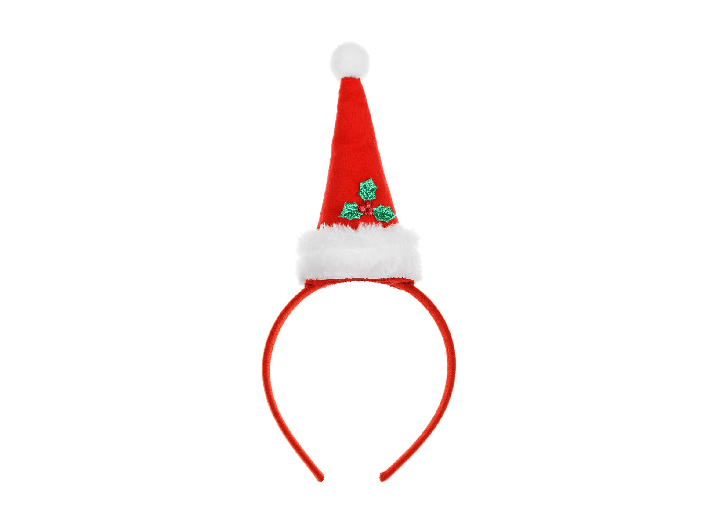 A red headband with a small, plush mini Santa hat on top, decorated with a white pom-pom and holly.