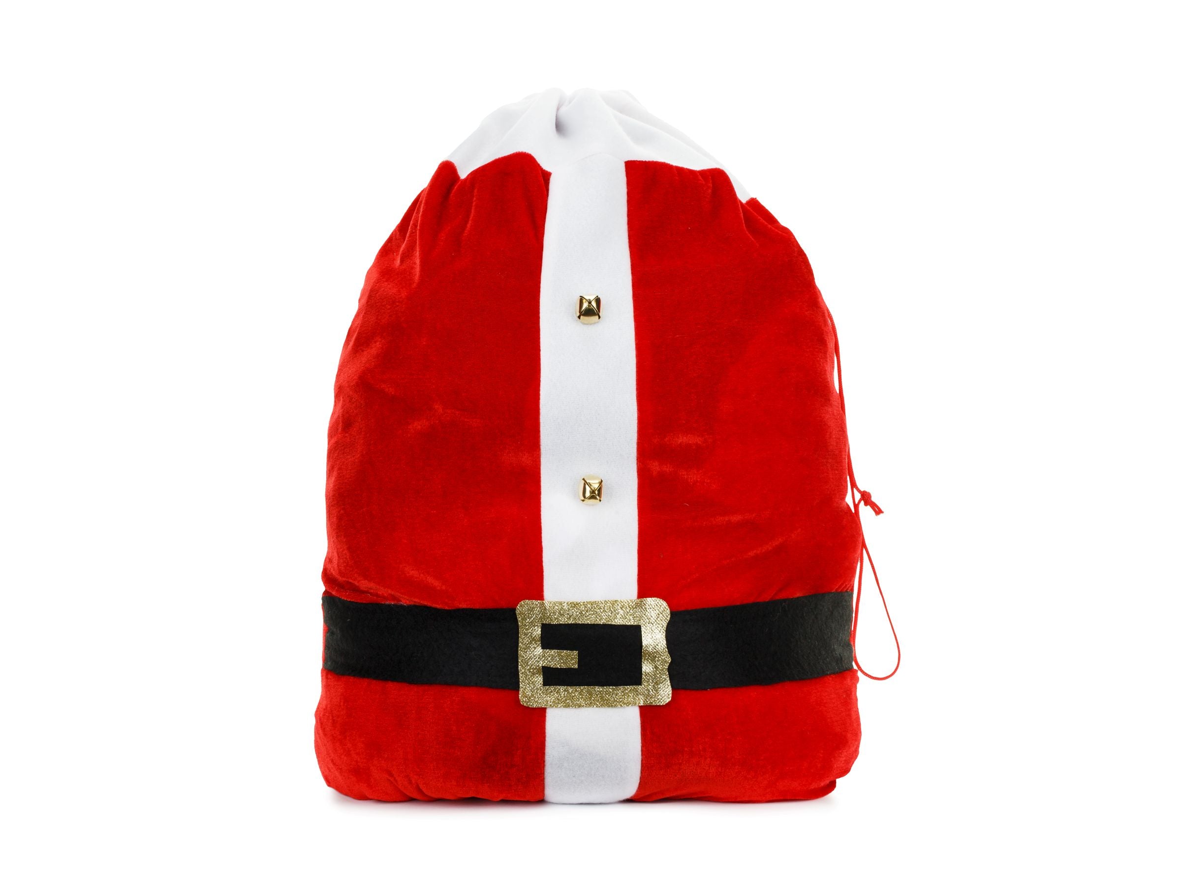 A large plush red Santa sack (50x70cm) designed to look like Santa's suit with a black belt and gold buckle.