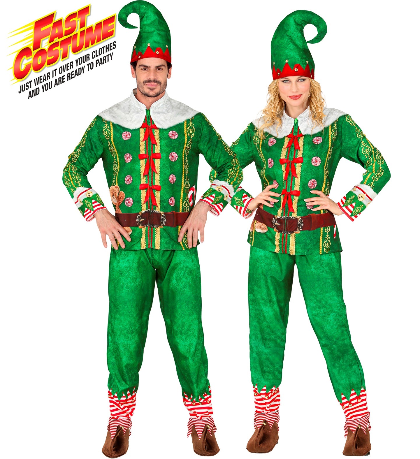 Front and back view of the adult elf fast costume, showing the detailed printed green suit and curled hat.