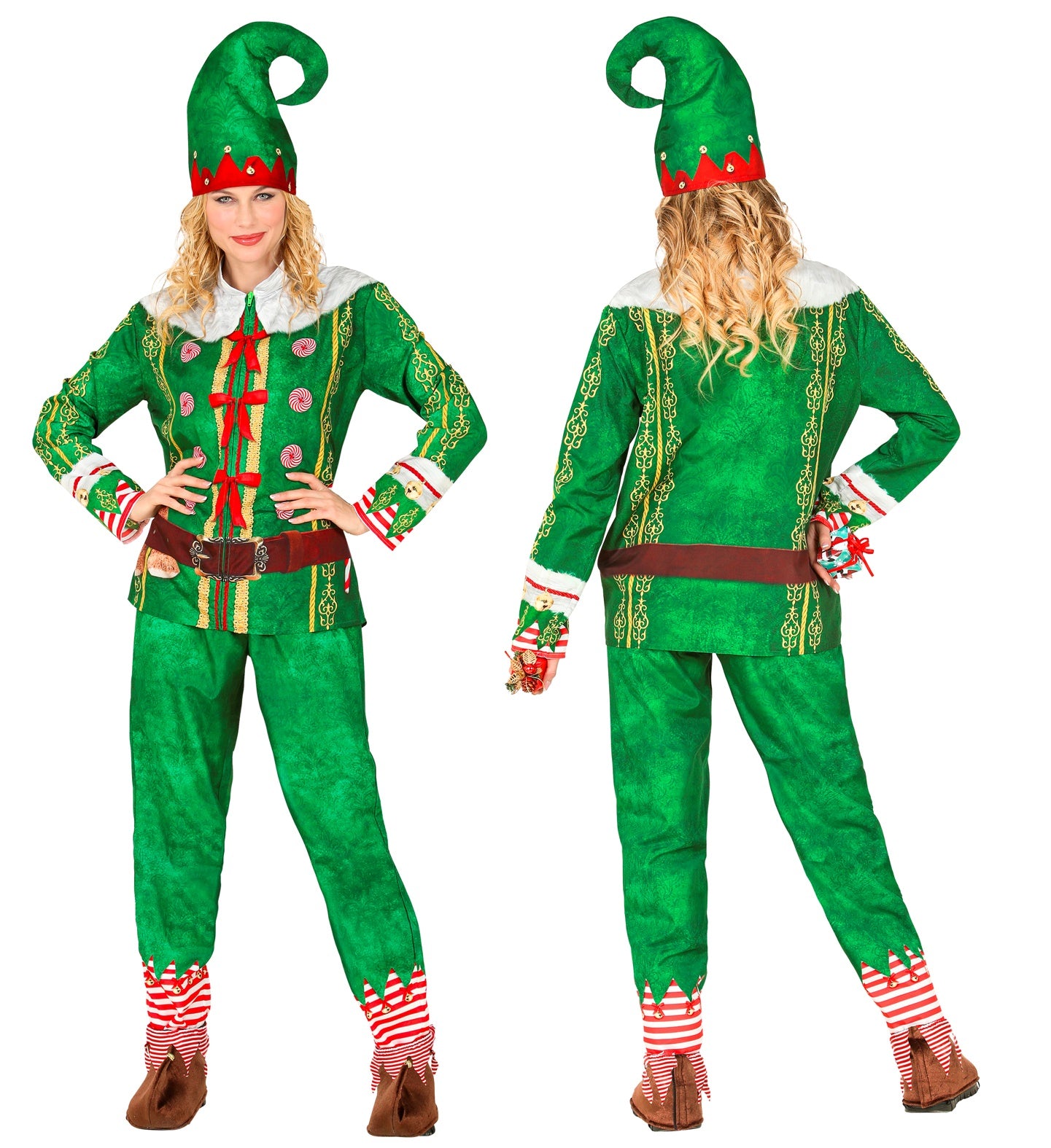 A woman modeling the green elf fast costume with printed trim and curled hats front & back.