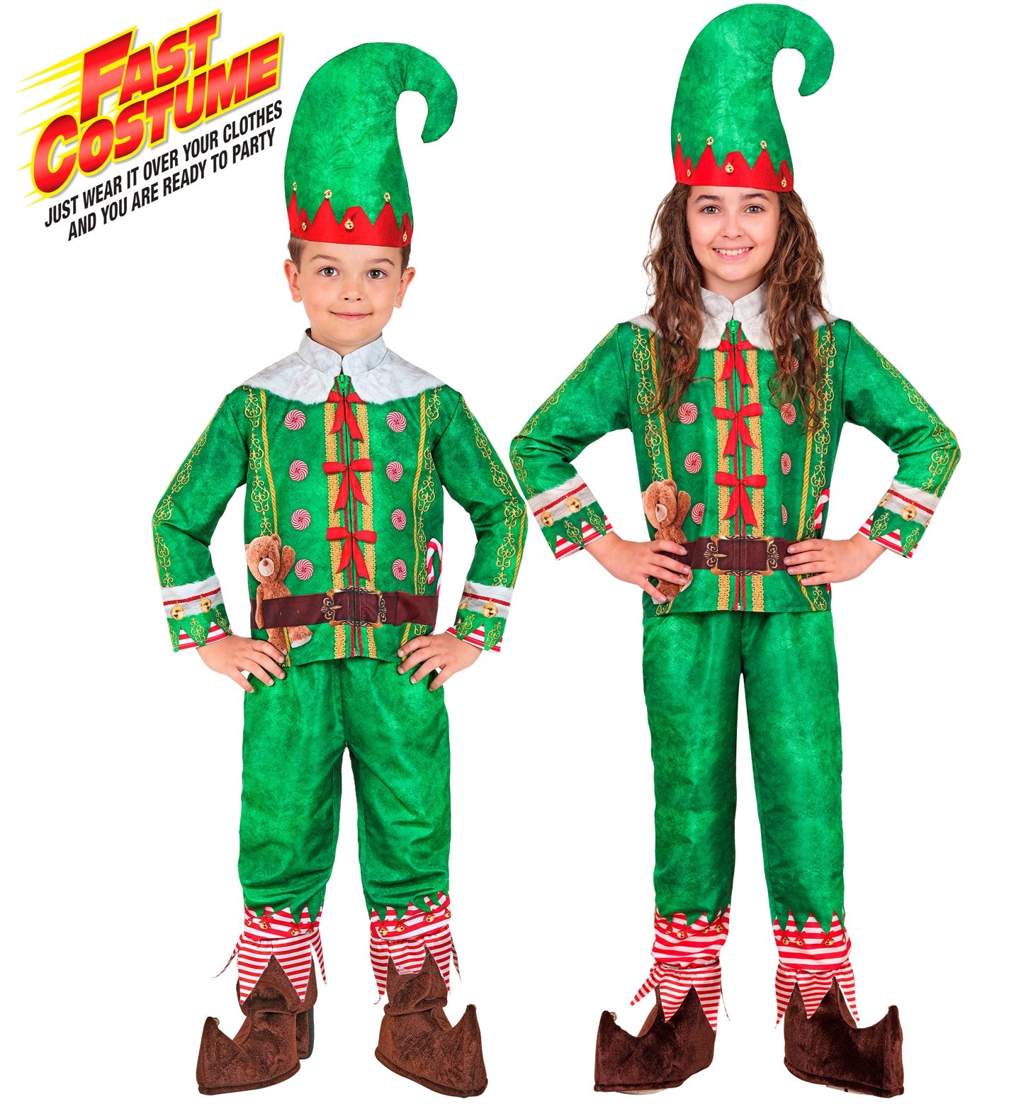 Two children modeling the green elf 'Fast Costume' with printed trim and curled hats.