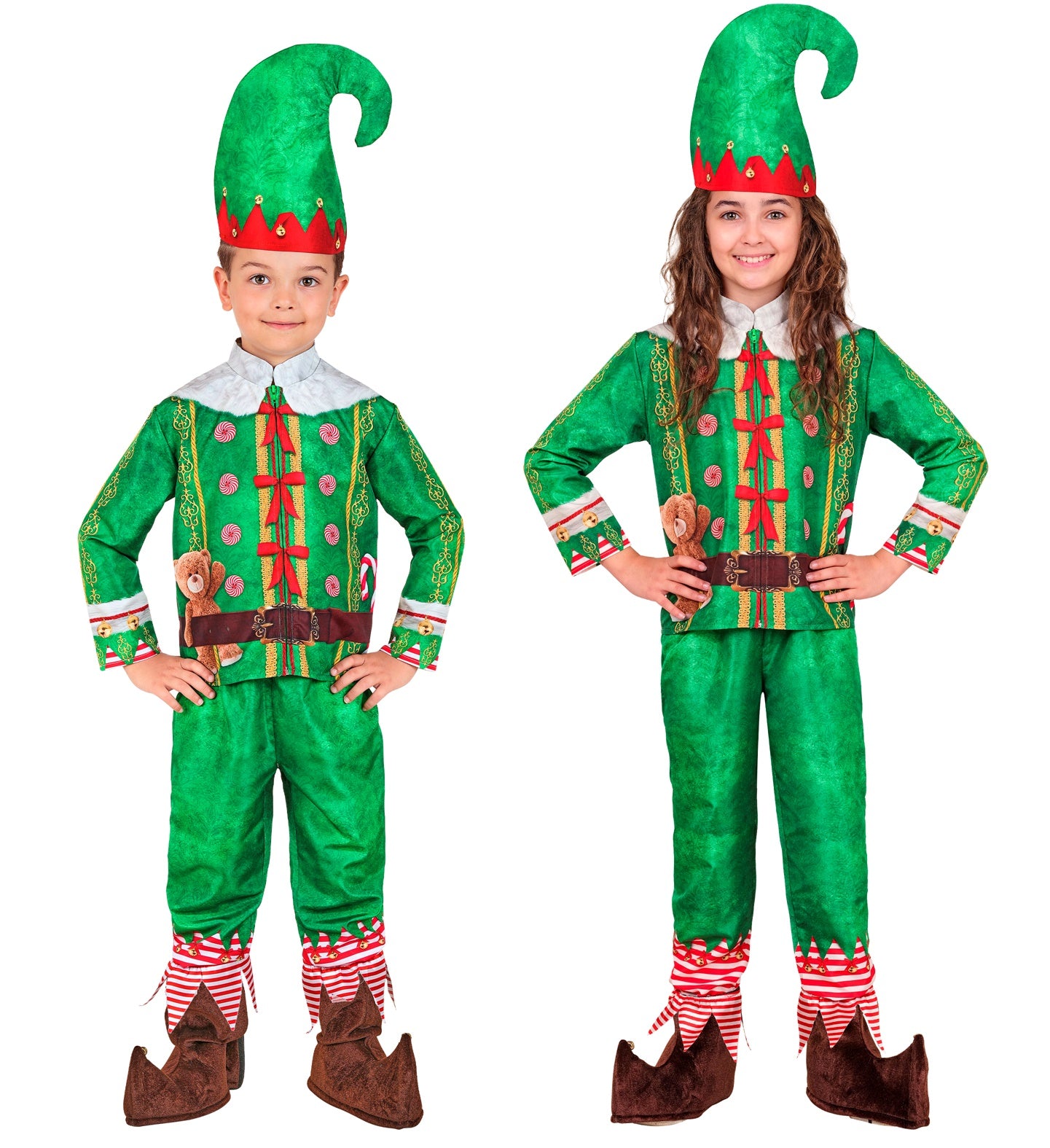 A girl and boy in the full printed elf costume, with printed details such as candycane buttons, belt and teddy bear.