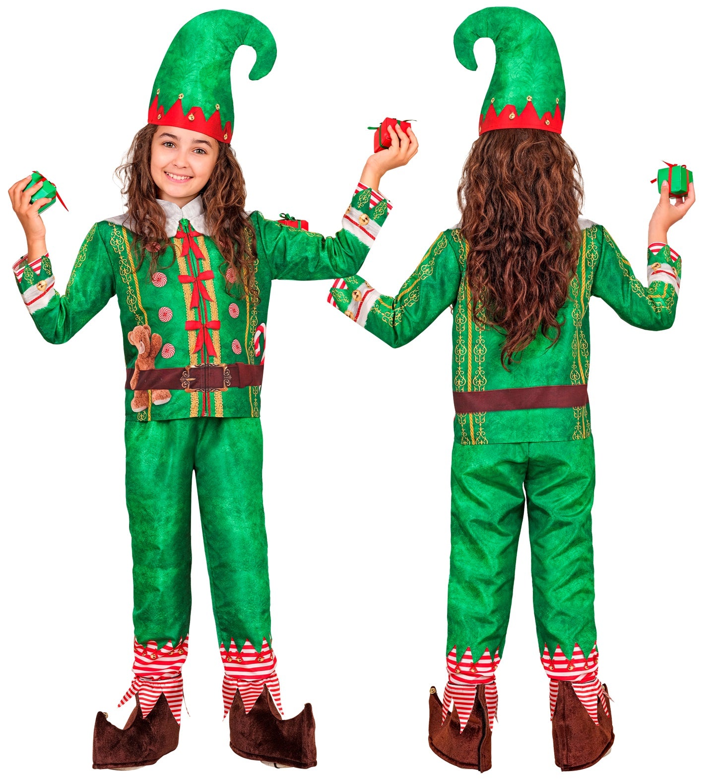 A girl in the full printed elf costume, holding small Christmas gifts.