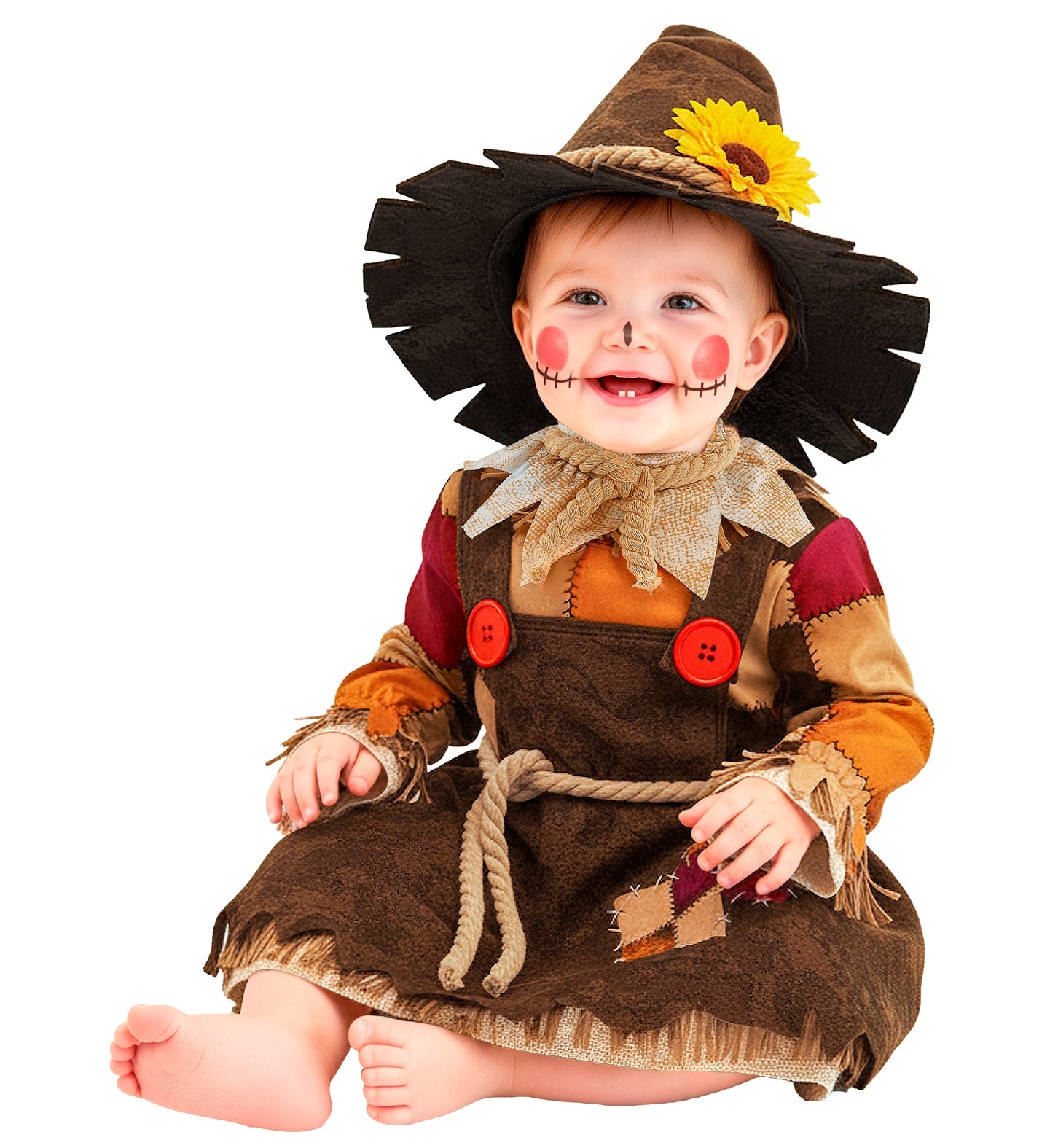 A cute baby showcasing the autumn-themed scarecrow fancy dress costume with a jagged beige collar, rope belt, and a matching patchwork hat.