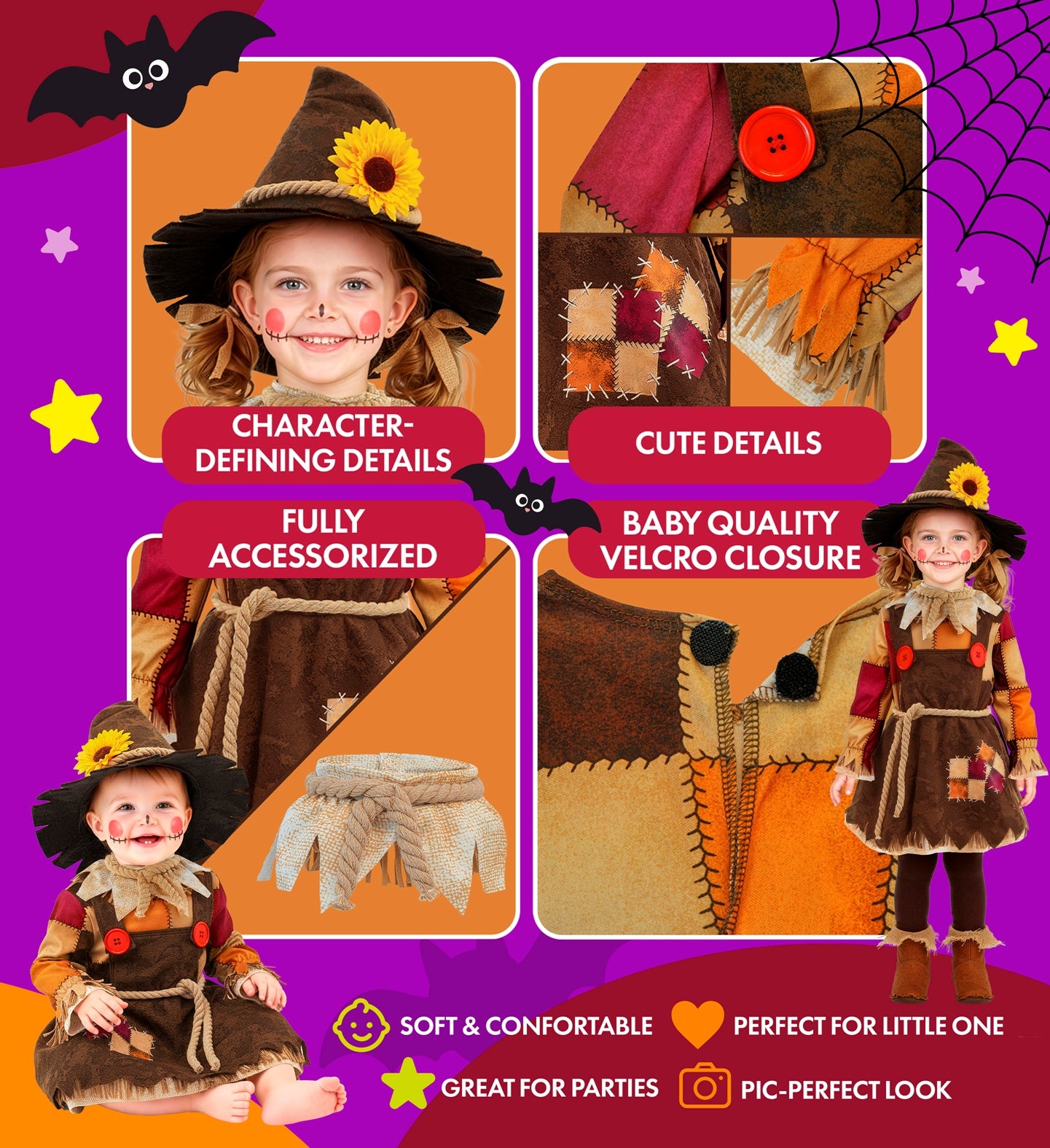 A split photo showing two playful poses of the autumn scarecrow outfit being worn, complete with a brown pointed hat, jagged collar, and plaid skirt