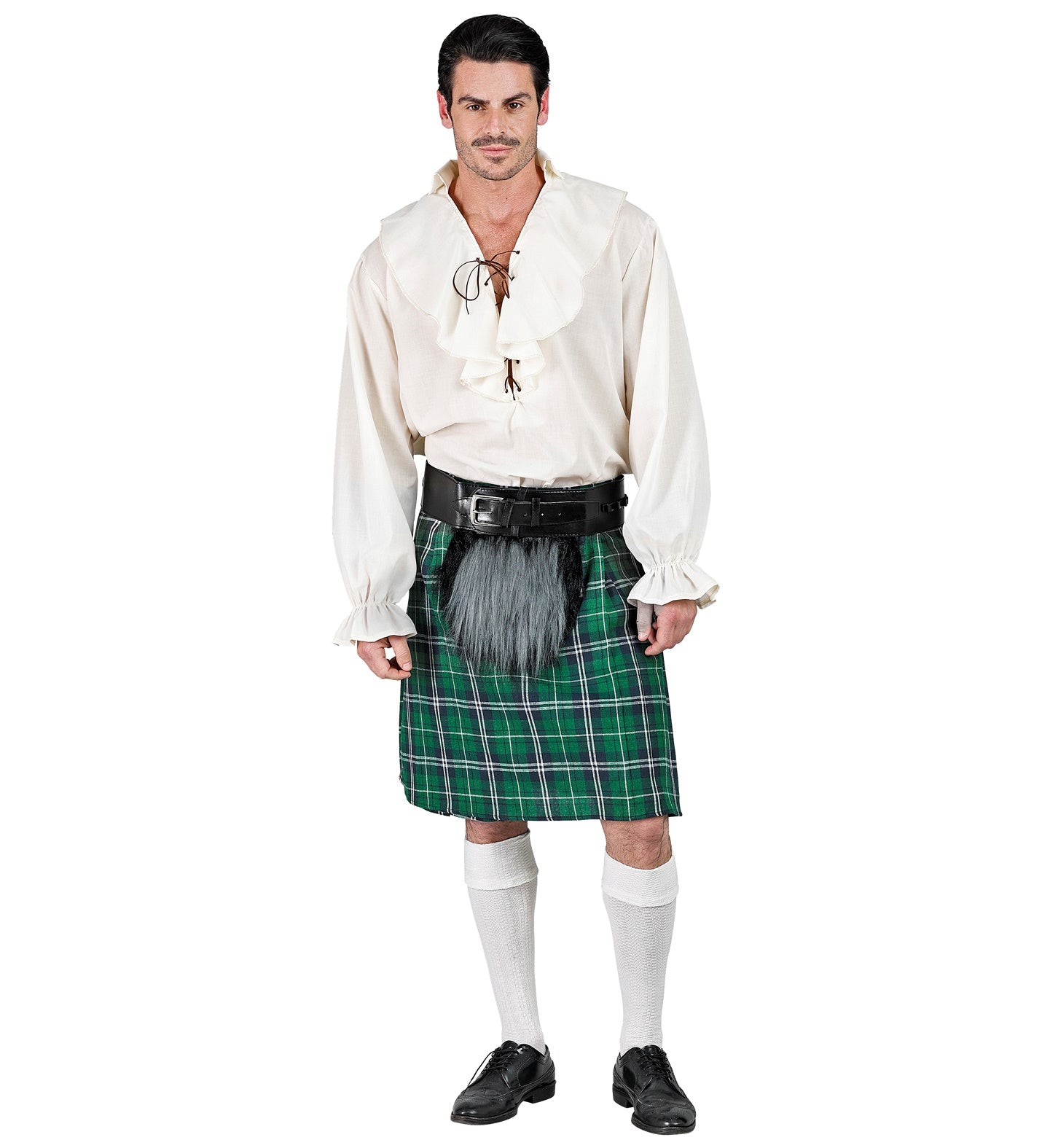 A man wearing a traditional Scottish fancy dress costume, featuring a green tartan kilt with a grey plush sporran purse, a wide black belt, a white ruffled poet shirt, and white knee-high socks.