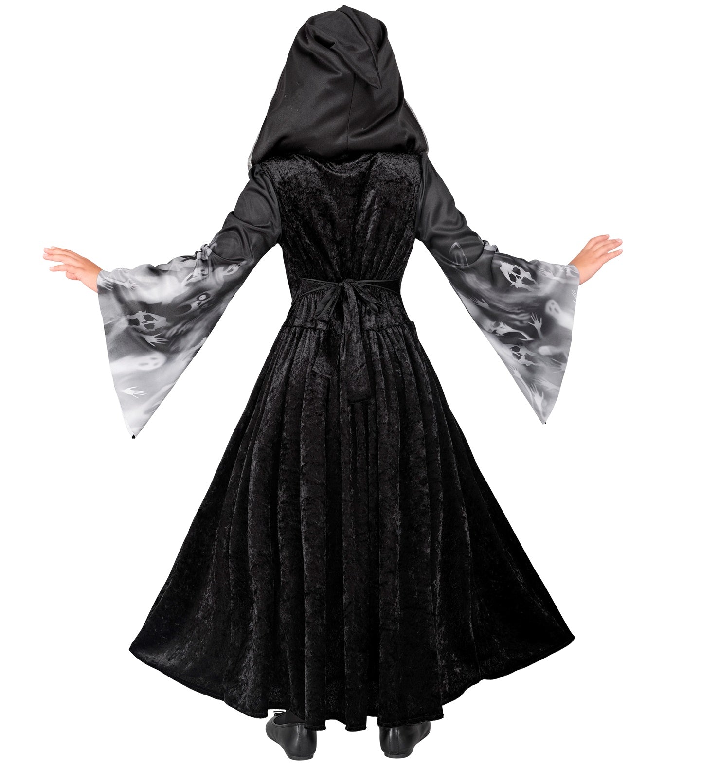 A back view of a child in a full-length, hooded black dress, showing the hood and the ribbon tie at the waist.