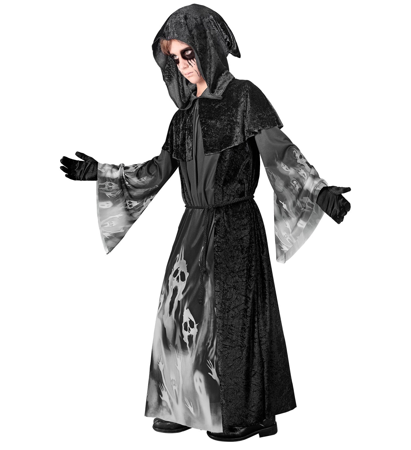 A side profile of a child in the black, hooded robe with a ghostly face print, with arms slightly outstretched.