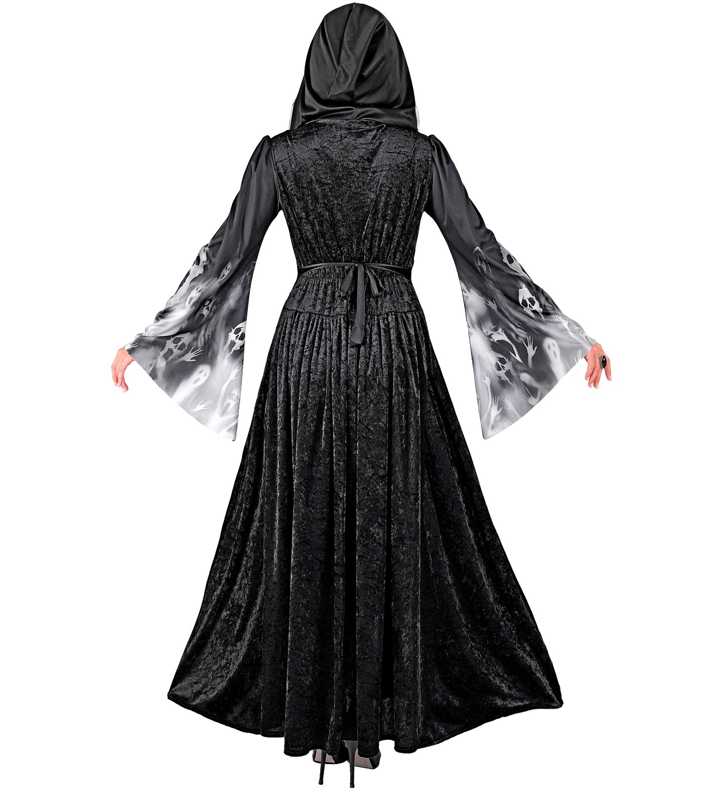 A back view of a person in a full-length, hooded black dress, showing the hood and the ribbon tie at the waist.