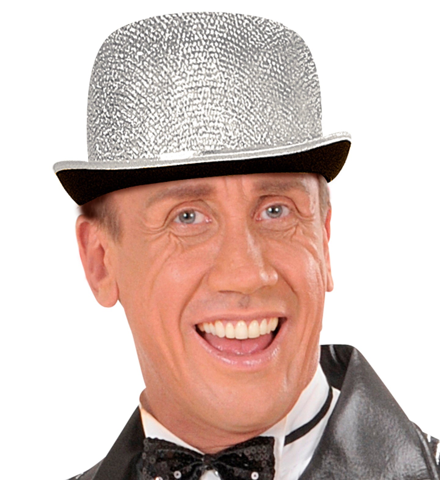 Man wearing a sparkling silver bowler hat on a white background