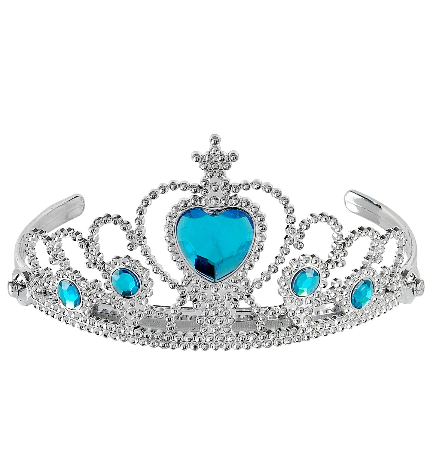 A shiny silver tiara adorned with intricate beadwork and multiple blue teardrop-shaped gems, with a large heart-shaped blue gem at the center, isolated on a white background.