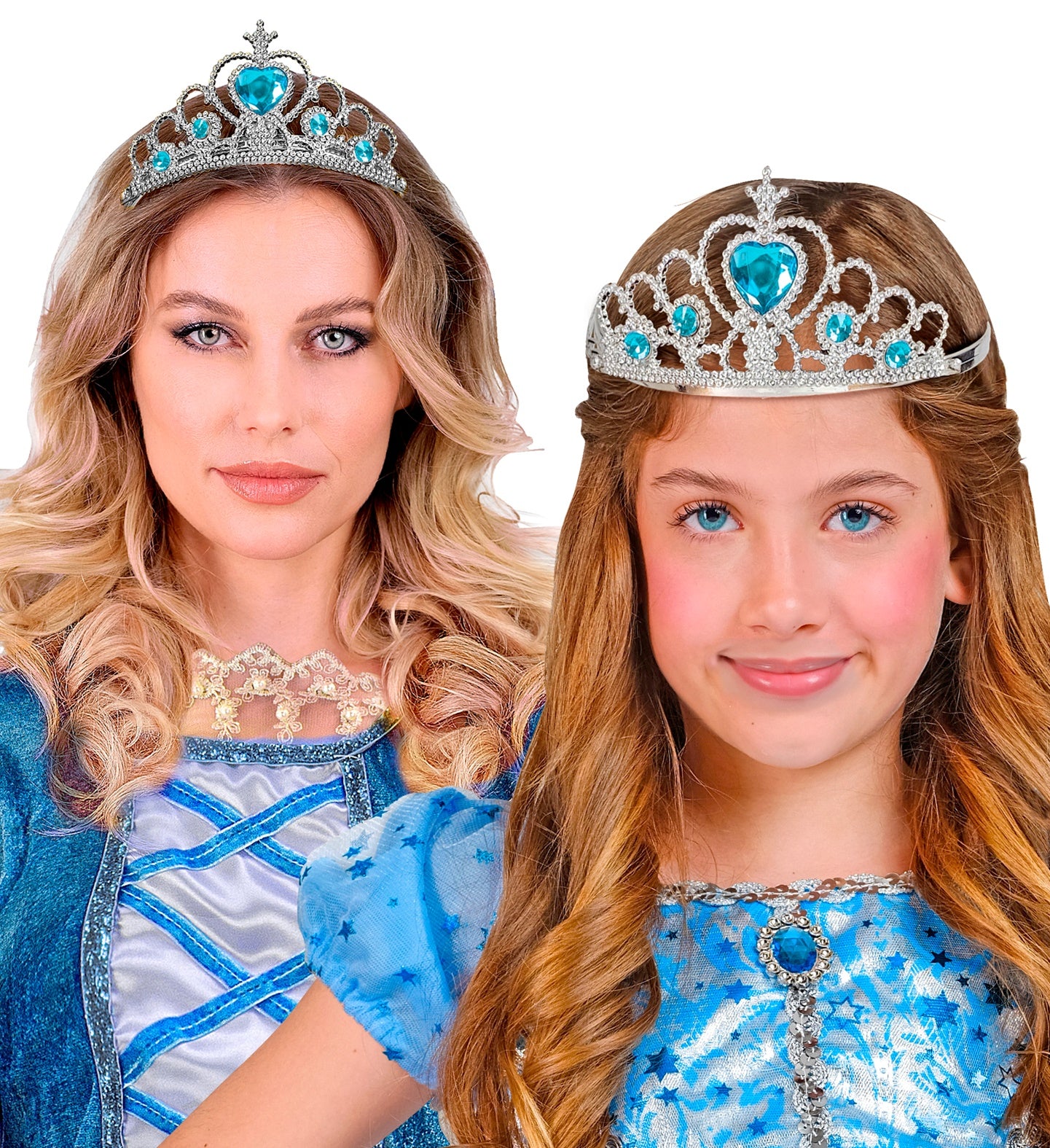 A split image showing two individuals, an adult and a child, both smiling and wearing identical silver tiaras with blue gems on their heads. The adult has blonde hair and is wearing a blue and white costume, and the child has long brown hair and is wearing a blue costume.