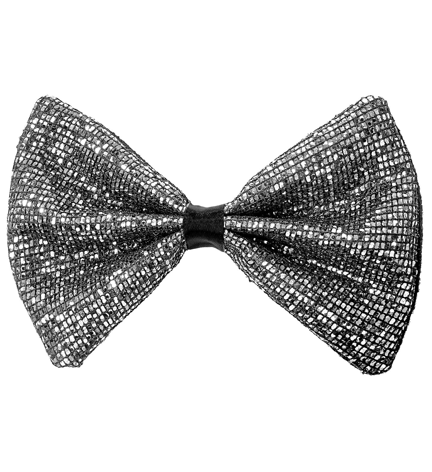A silver bowtie accessory completely covered in silver glitter with a black center knot.
