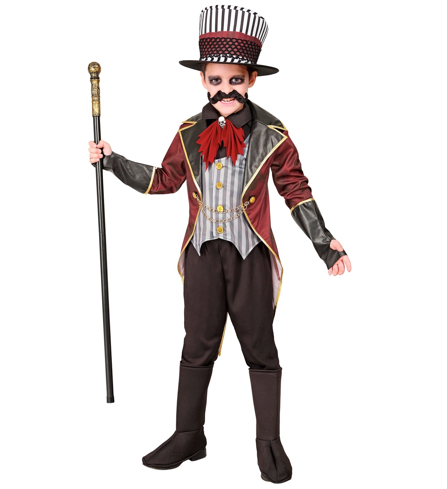 A boy in a dark circus ringmaster costume holds a cane, showing off the striped top hat, skull jabot, and creepy illusion gloves.