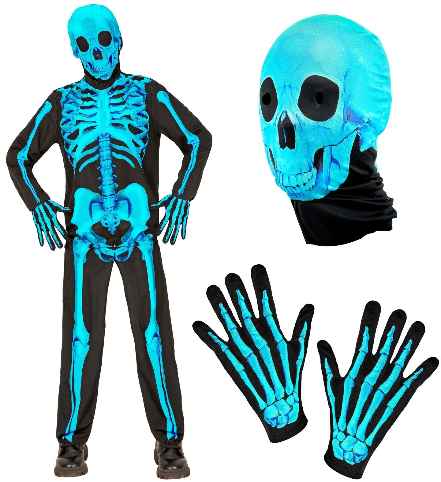 A collage showing the full child's blue skeleton costume and its included parts: a blue fabric skull mask hood and a pair of matching bone-print gloves.