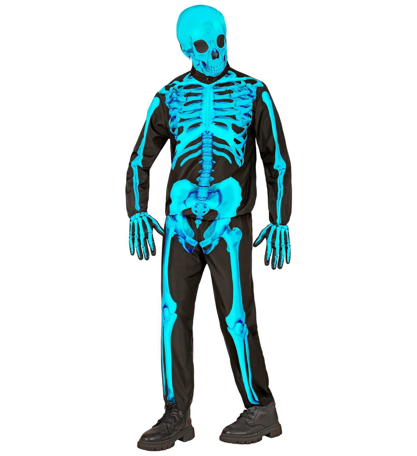 A child posing in the complete neon blue skeleton costume, including the zip-up jacket, pants, full head mask, and gloves.