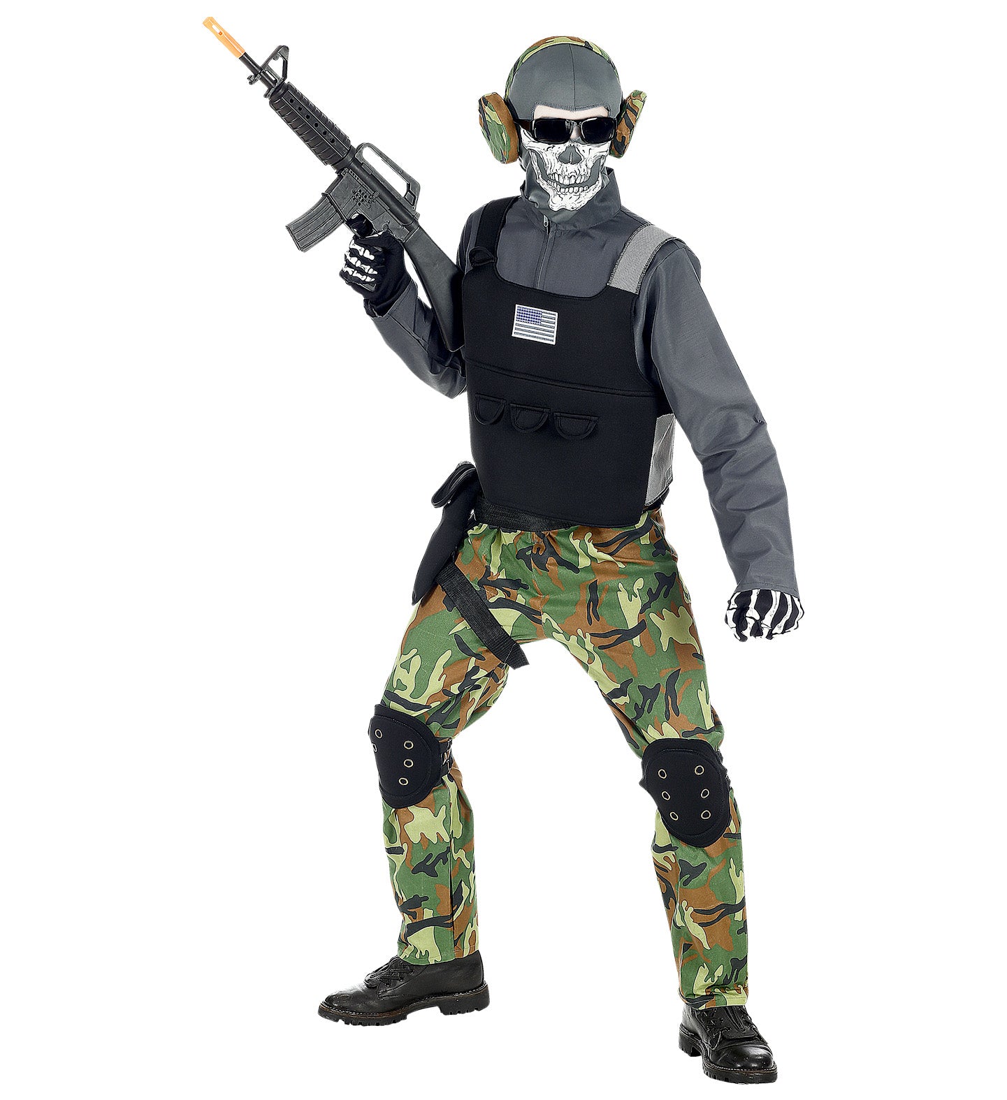 A young person modelling a military-style skeleton costume, complete with a skull balaclava, dark glasses, camo trousers, and a black vest.