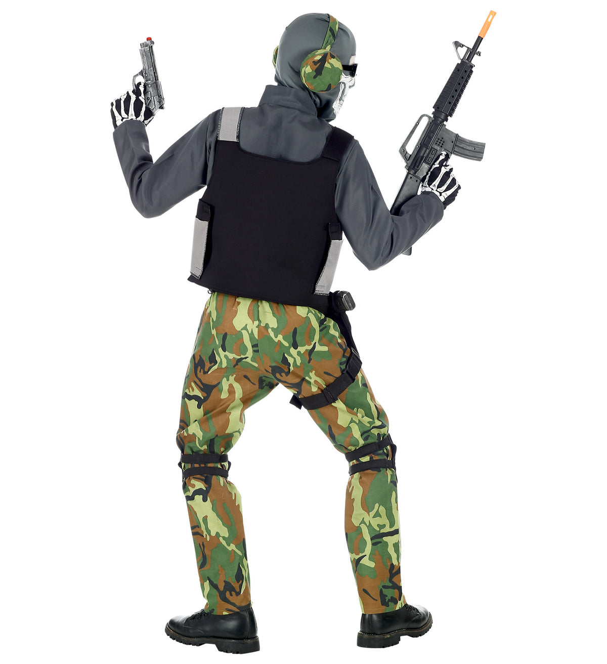 A person modeling a tactical military-style costume from the back, featuring a gray long-sleeve shirt, black vest, green and brown camouflage pants and leg warmers, a green camouflage helmet with goggles, and black boots. The person is holding toy guns against a plain white background.