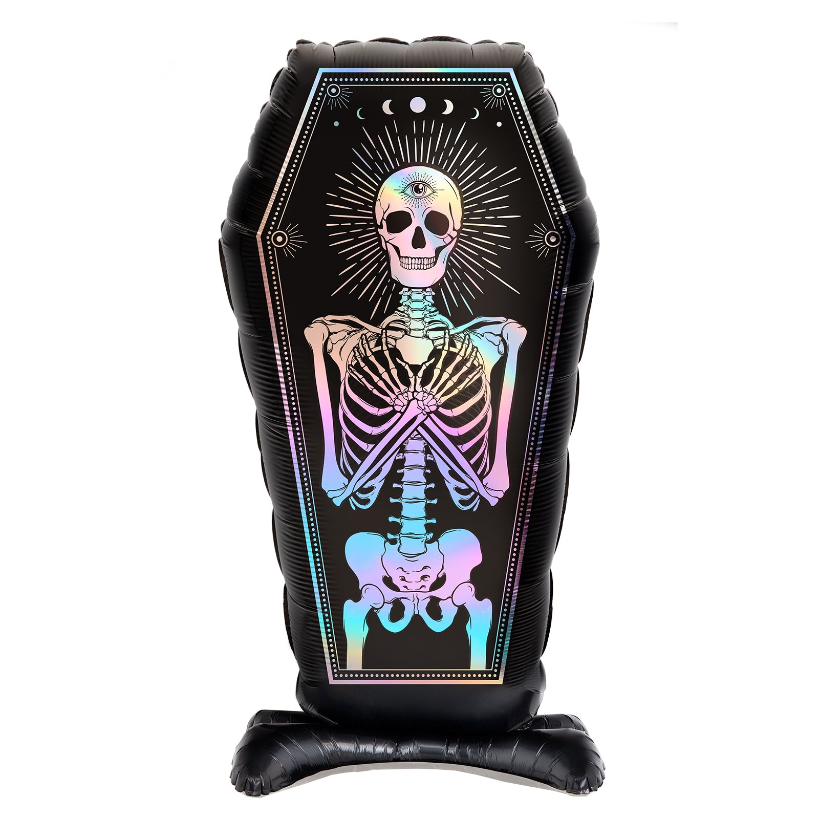 An inflatable coffin-shaped party decoration featuring a colorful holographic skeleton design on a black background, standing on a black inflatable base against a white studio backdrop.