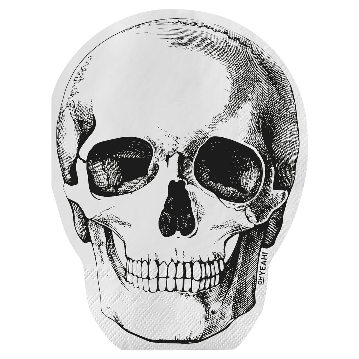 A white paper napkin die-cut into the shape of a human skull, featuring a detailed black anatomical illustration.