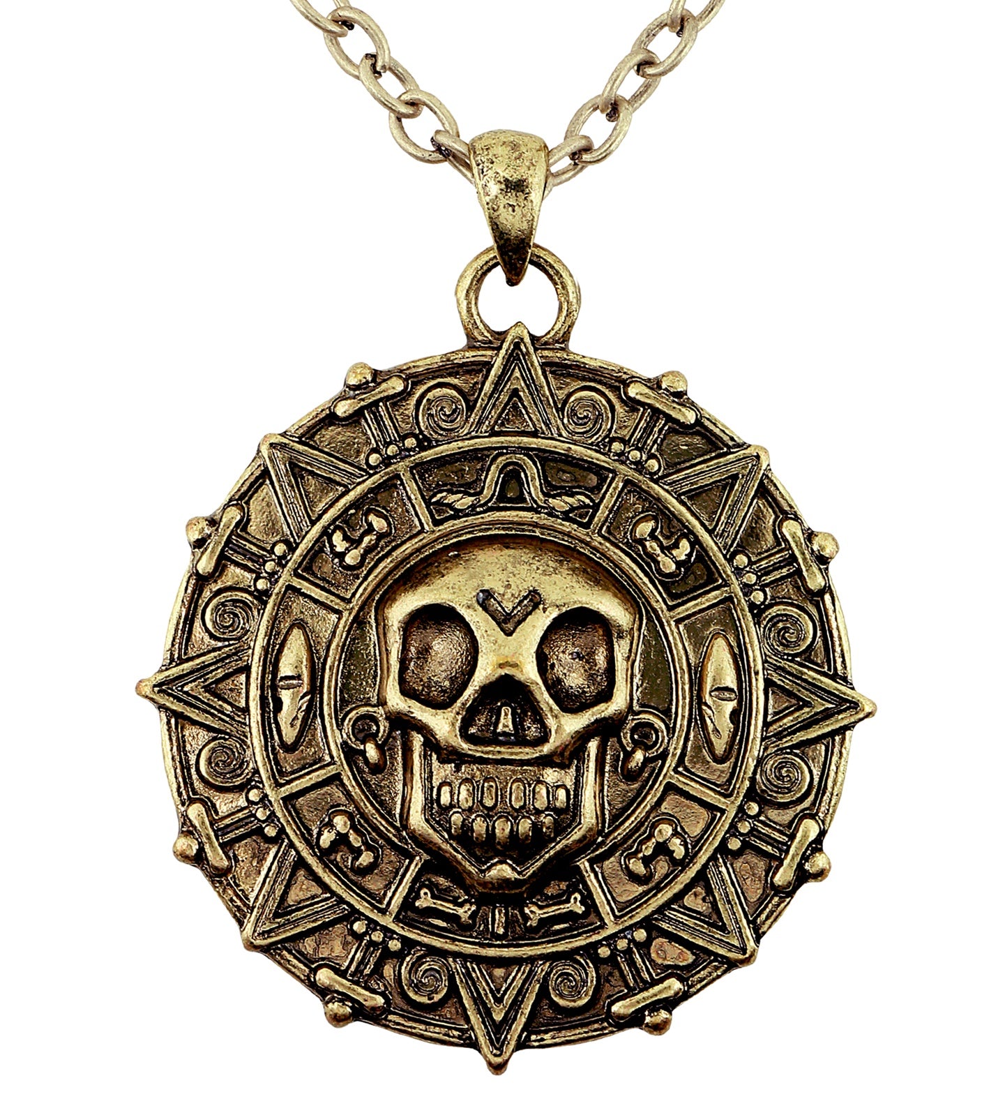 A close-up of a costume necklace featuring a round, antique gold-colored medallion with a skull at the center and compass-like markings, hanging from a thick chain, isolated on a white background.