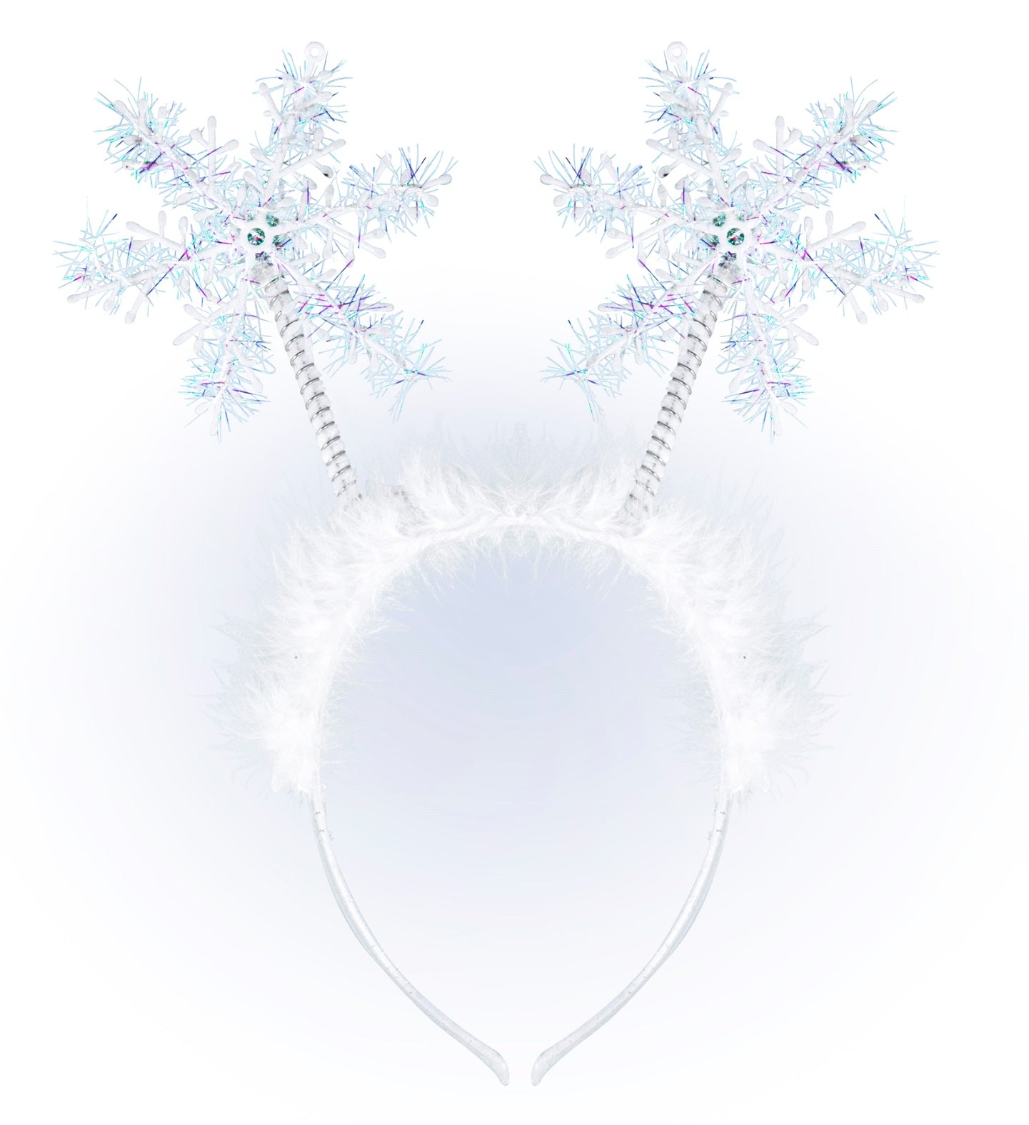 A white headband with fluffy trim and two large, glittery tinsel snowflakes mounted on springs.