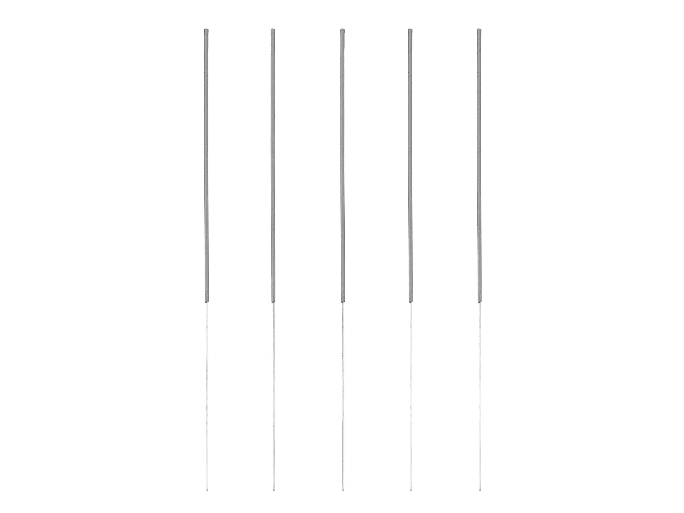 A pack of five long grey celebration sparklers on a white background.