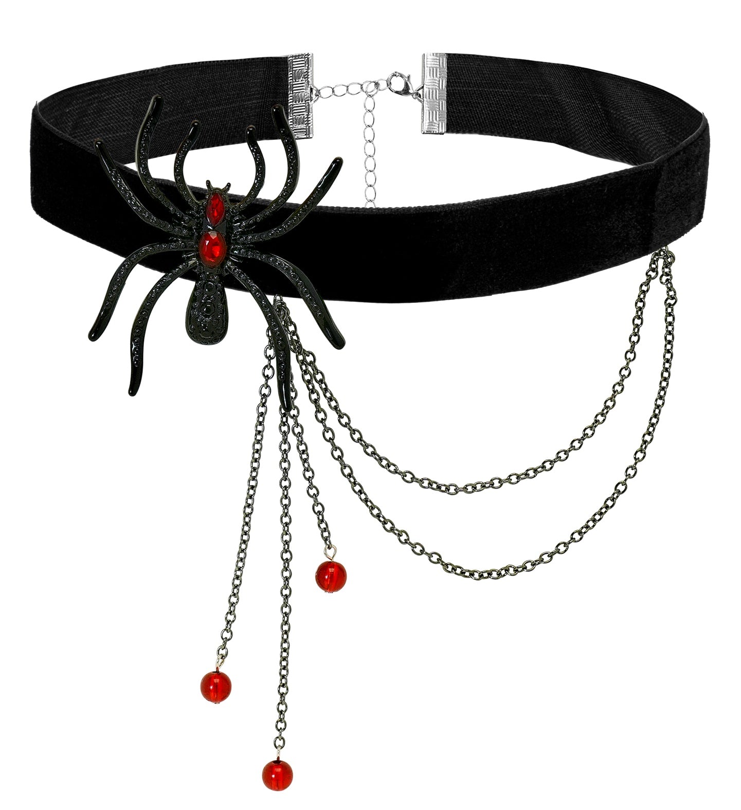 A black velvet gothic choker with an off-center black spider charm decorated with red rhinestones, and featuring dangling dark metal chains.