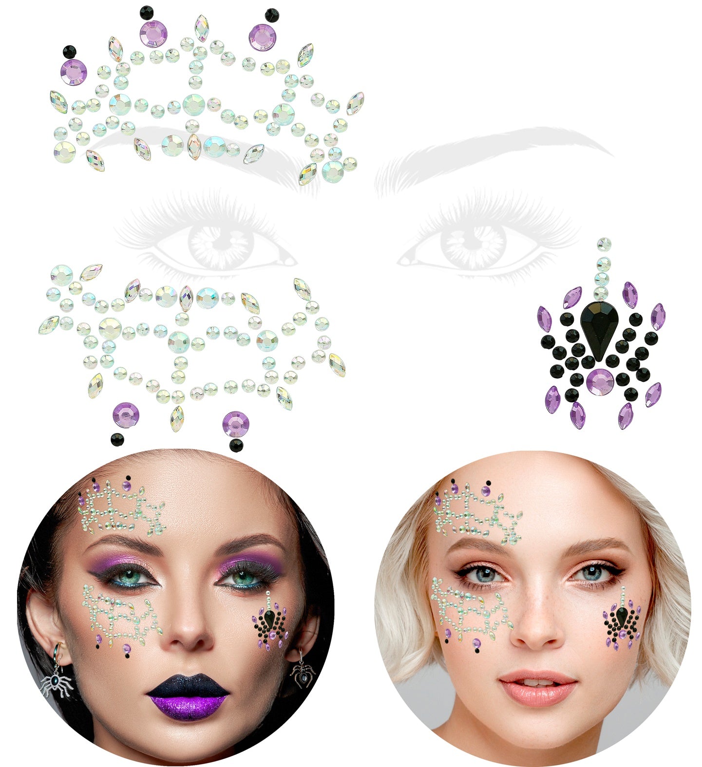 The complete Spider Face Jewels self-adhesive set showing the web patterns and jeweled spider in original packaging.