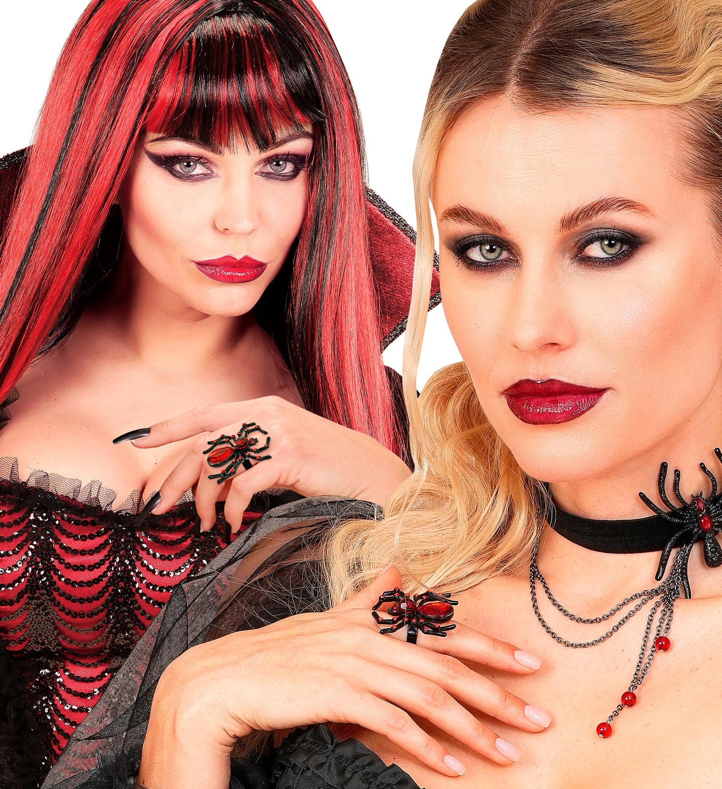A collage of two women in vampire costumes modeling the gothic spider ring with red gemstones.