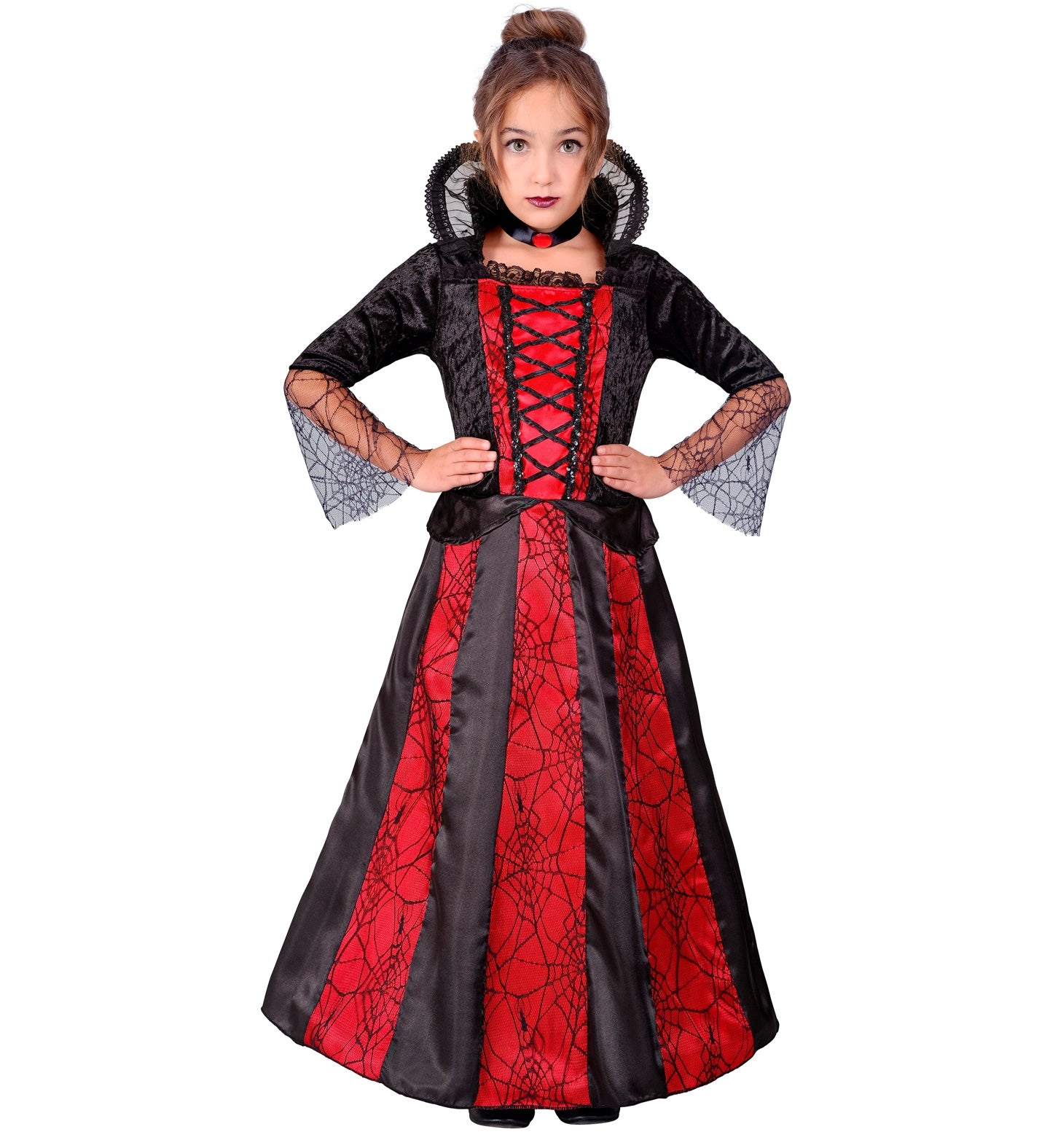 A child in a spider vampiress costume, standing with hands on hips. The costume is a full-length dress with black velvet bodice, black and red spiderweb-patterned skirt, black collar, and black spiderweb-patterned sleeves.