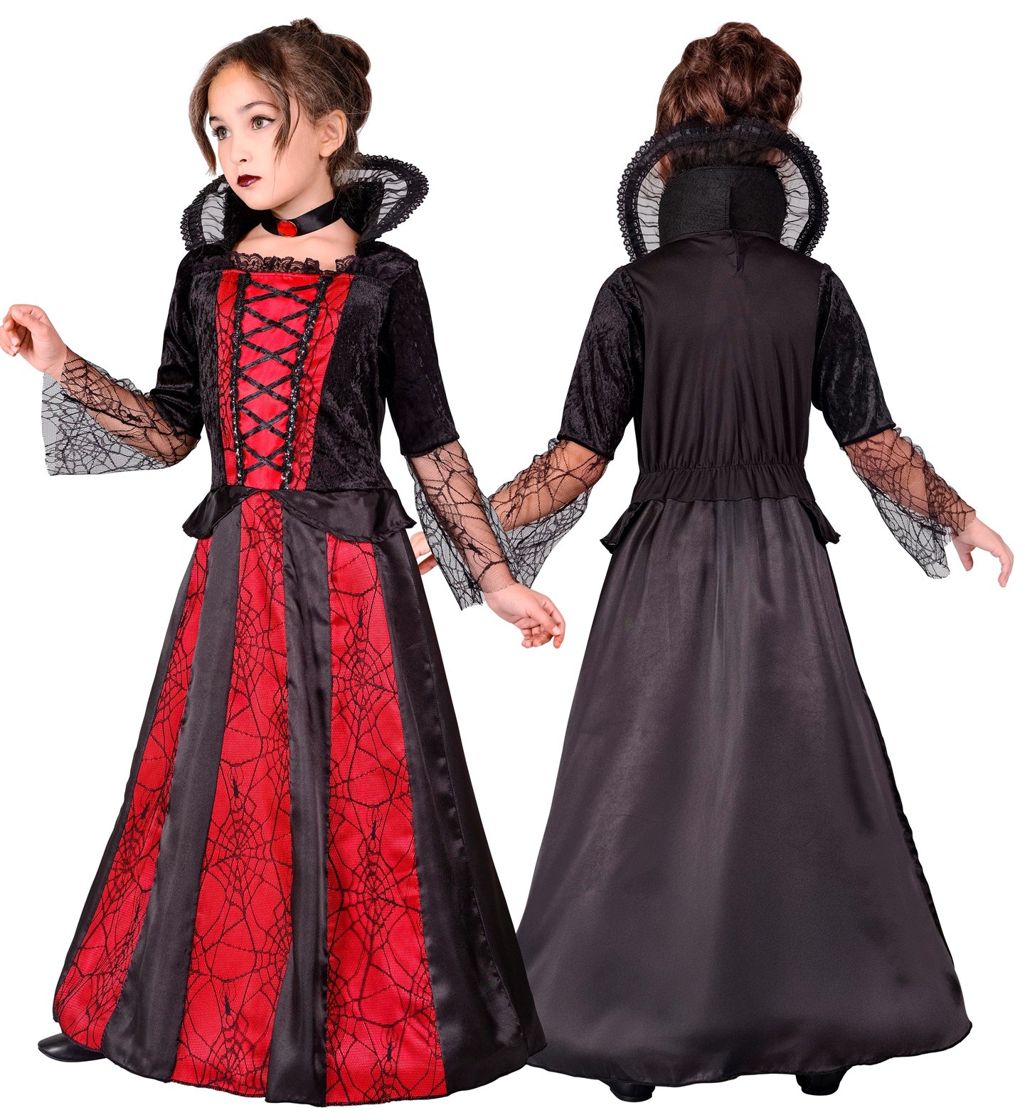 A split image showing a side profile and a back view of a child in a spider vampiress costume. The costume is a full-length dress with black velvet bodice, black and red spiderweb-patterned skirt, black collar, and black spiderweb-patterned sleeves.