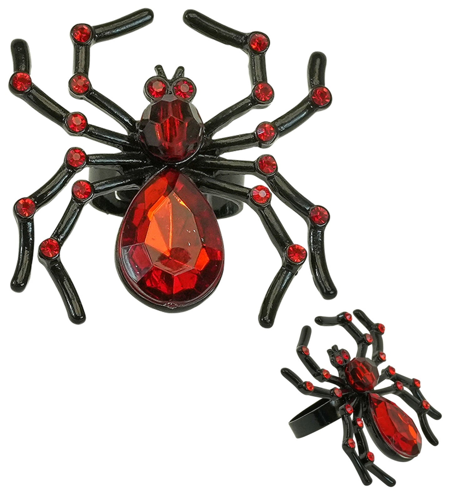Two views of a large gothic spider ring, showing the black metal body, the large red gemstone abdomen, and the smaller red rhinestones on the legs.