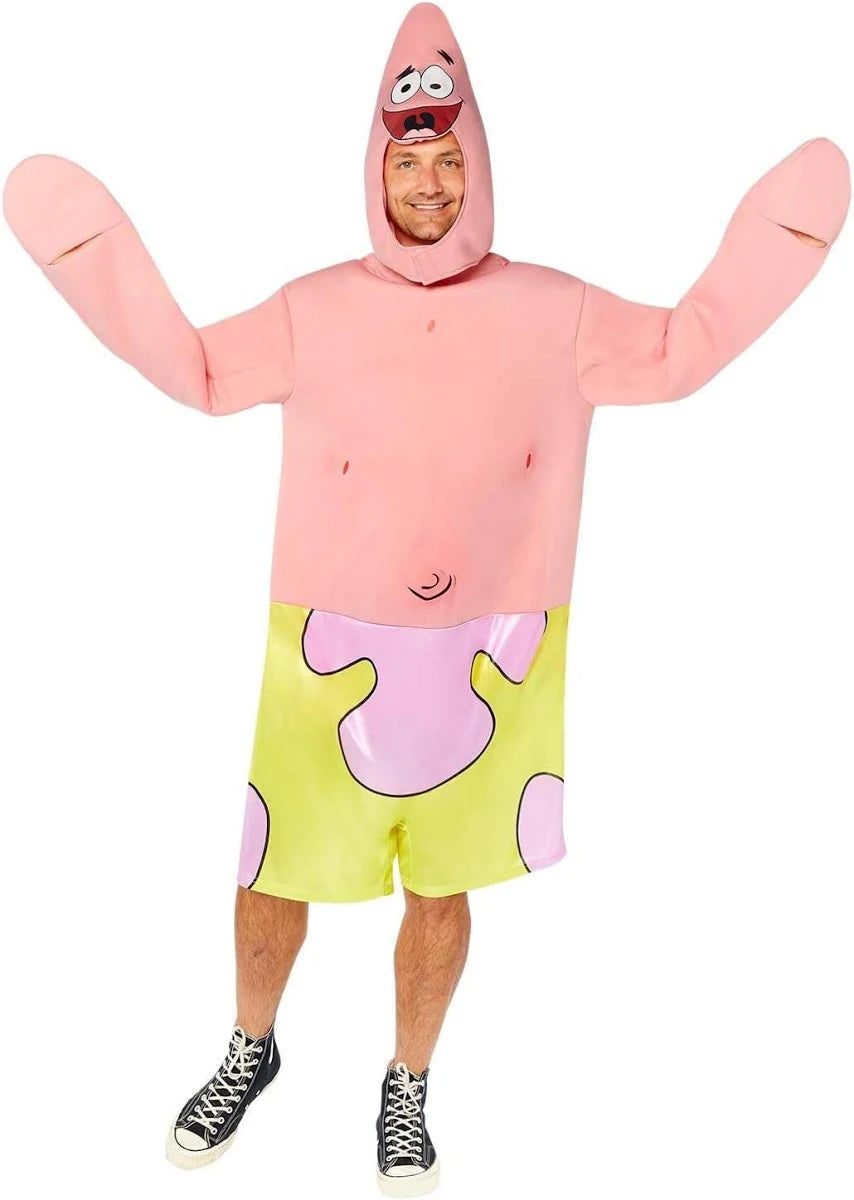 A man modeling a funny Adult Patrick Star fancy dress costume, featuring a pink and green jumpsuit with attached starfish arm covers and a separate pointed hood with Patrick's face.
