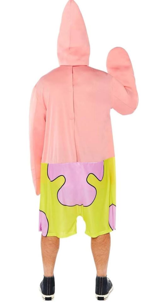 The back view of a men's Patrick Star fancy dress costume, showing the seamless back closure of the pink top, the green and purple patterned shorts, and the pointed pink hood.