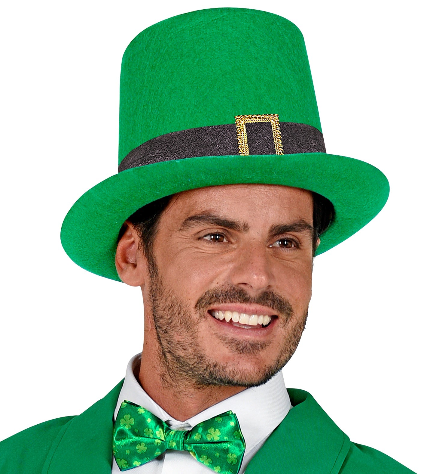 Man smiling while wearing a vibrant green St Patrick's Day top hat with a gold buckle and matching shamrock bowtie.