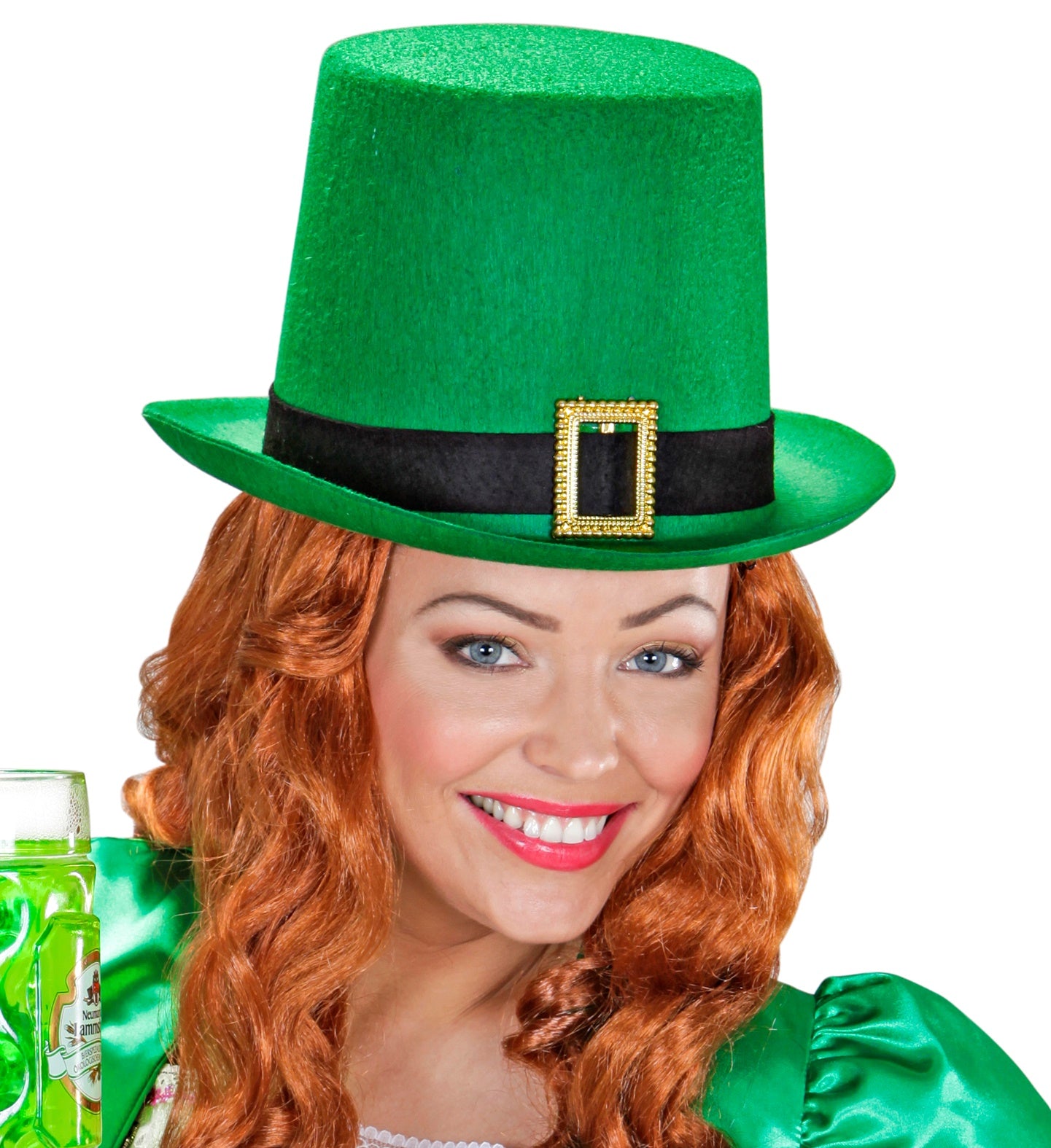 Woman wearing a St Patrick's Day top hat with a bright orange wig, celebrating with a festive drink.