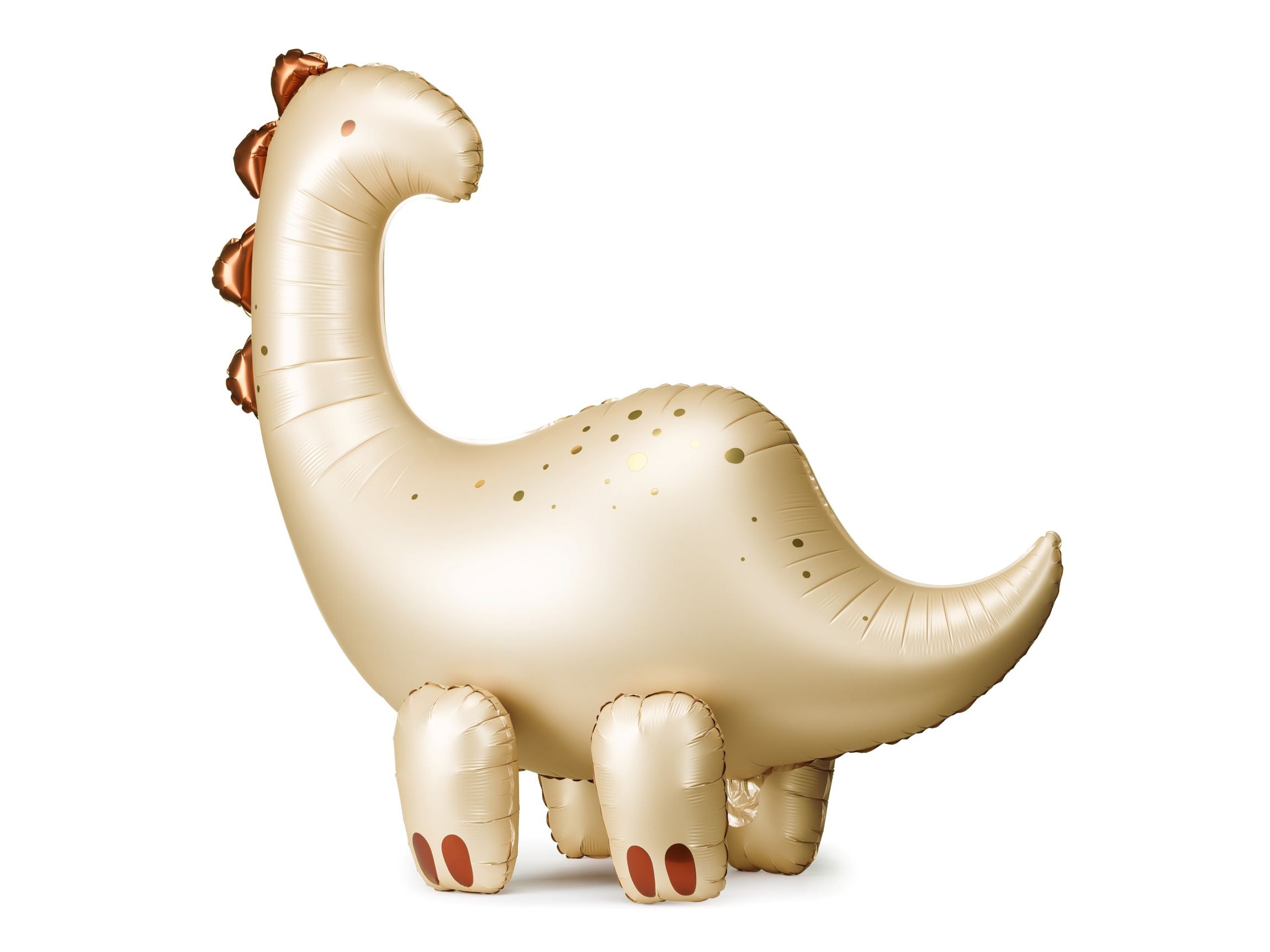 A large, cream-colored, air-inflated foil balloon shaped like a brontosaurus with copper-colored spots and spine accents, standing on four legs, isolated on a white background.