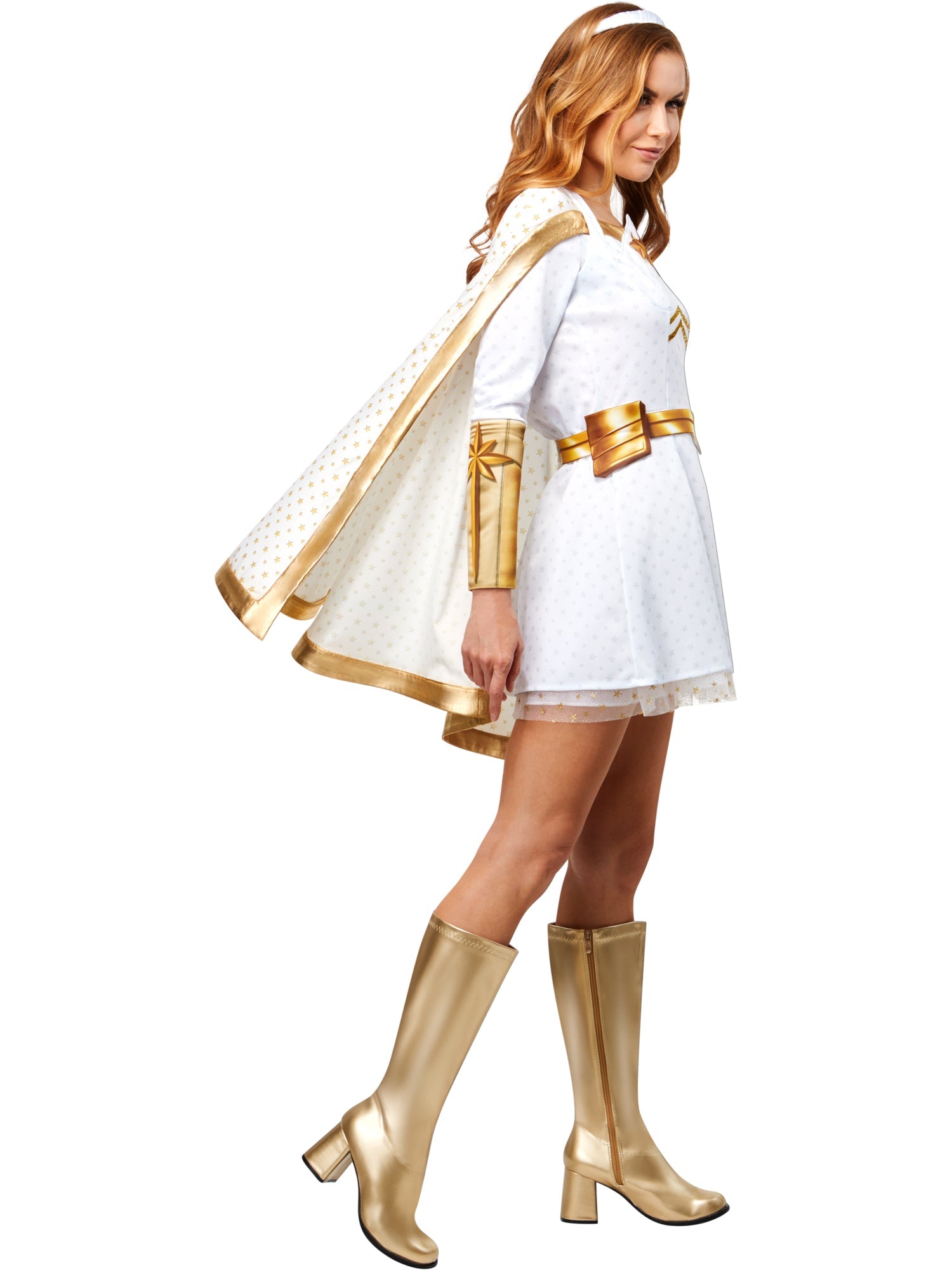 Side view of the women's Starlight superhero costume, showing the white dress, attached cape, and gold boots.