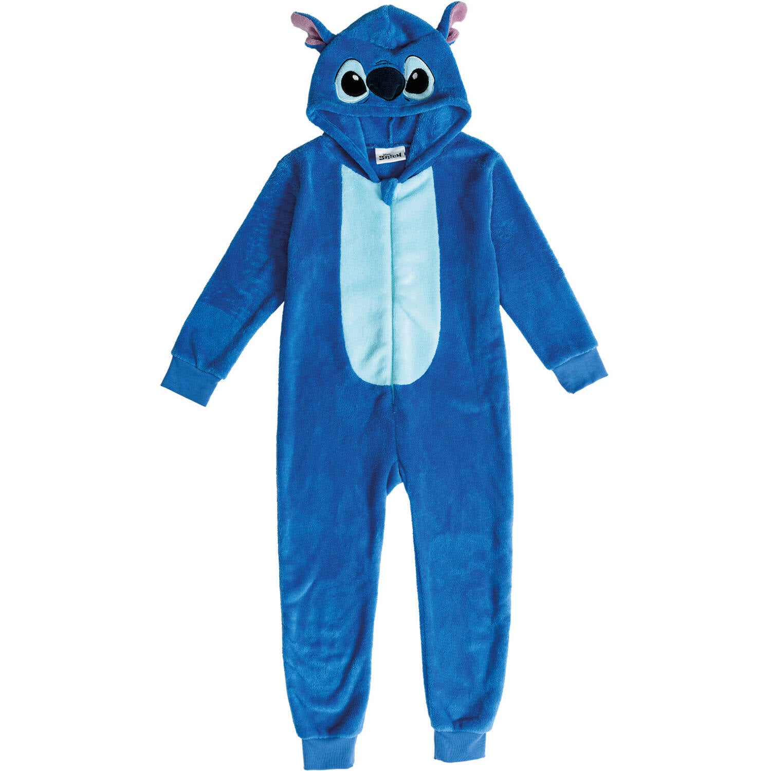 A full front view of a children's plush blue Stitch onesie costume on a white background, highlighting the light blue belly patch, front zipper, and embroidered character hood.