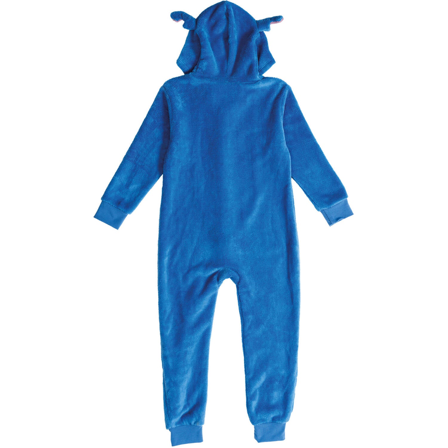 The full back view of an all-in-one blue fleece Stitch character jumpsuit for kids, featuring a solid blue design, ribbed cuffs, and an attached hood.