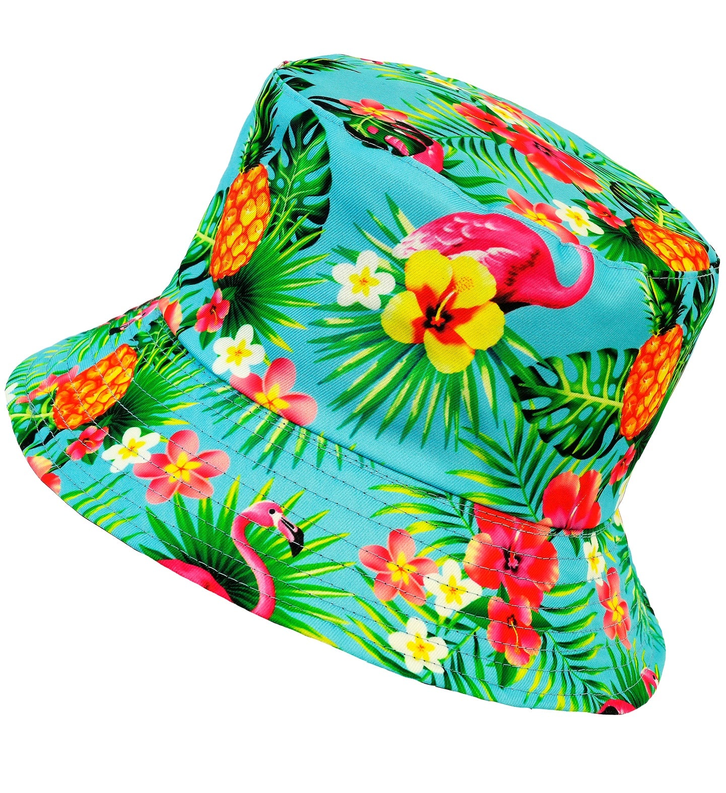 Side view of the Neon Blue Summer Party Bucket Hat against a white background, highlighting the detailed flamingo print and stitched brim.