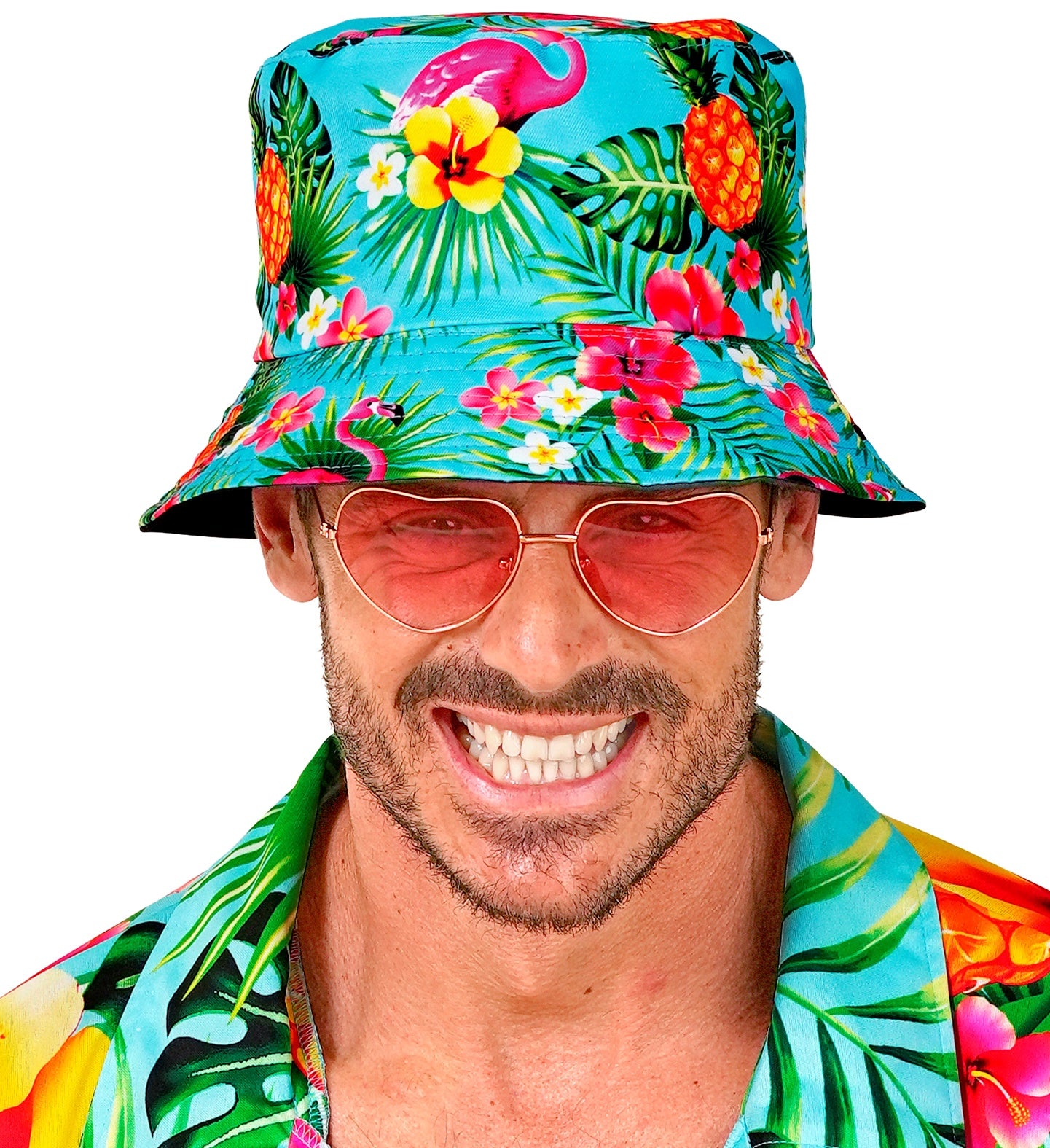 A man smiling in a vibrant neon blue Hawaiian bucket hat, showcasing the high-impact tropical bird and fruit pattern.