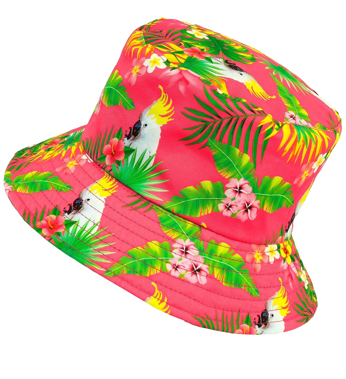Side view of the Neon Pink Summer Party Bucket Hat against a white background, highlighting the detailed cockatoo print and stitched brim.