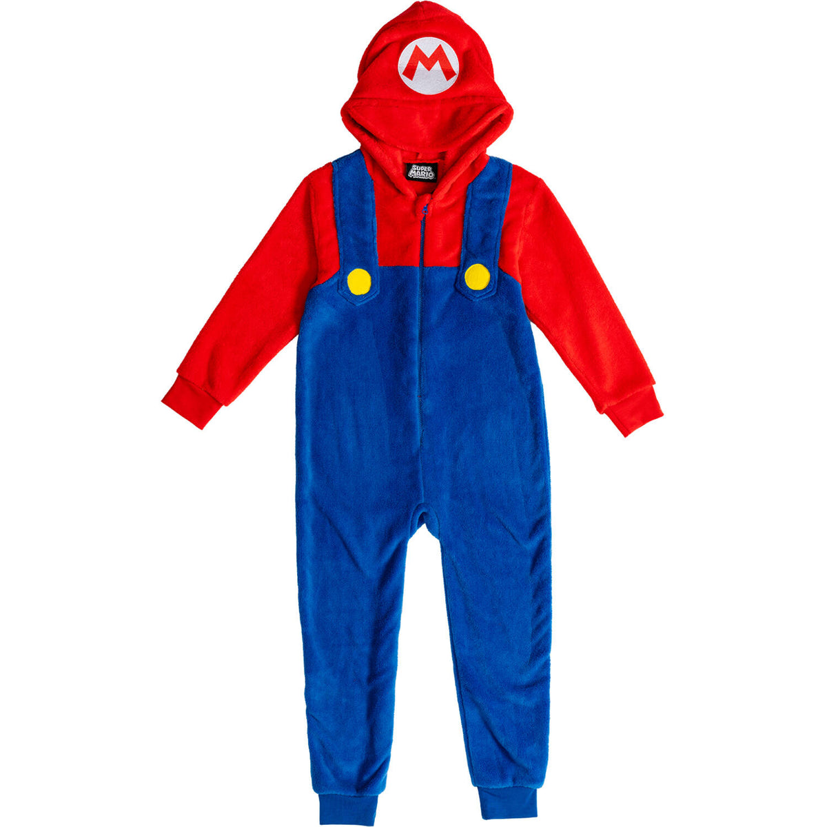A flat lay of the officially licensed Super Mario onesie for kids, highlighting the blue overalls design, yellow buttons, red sleeves, and front zipper leading to the Mario 'M' hood.